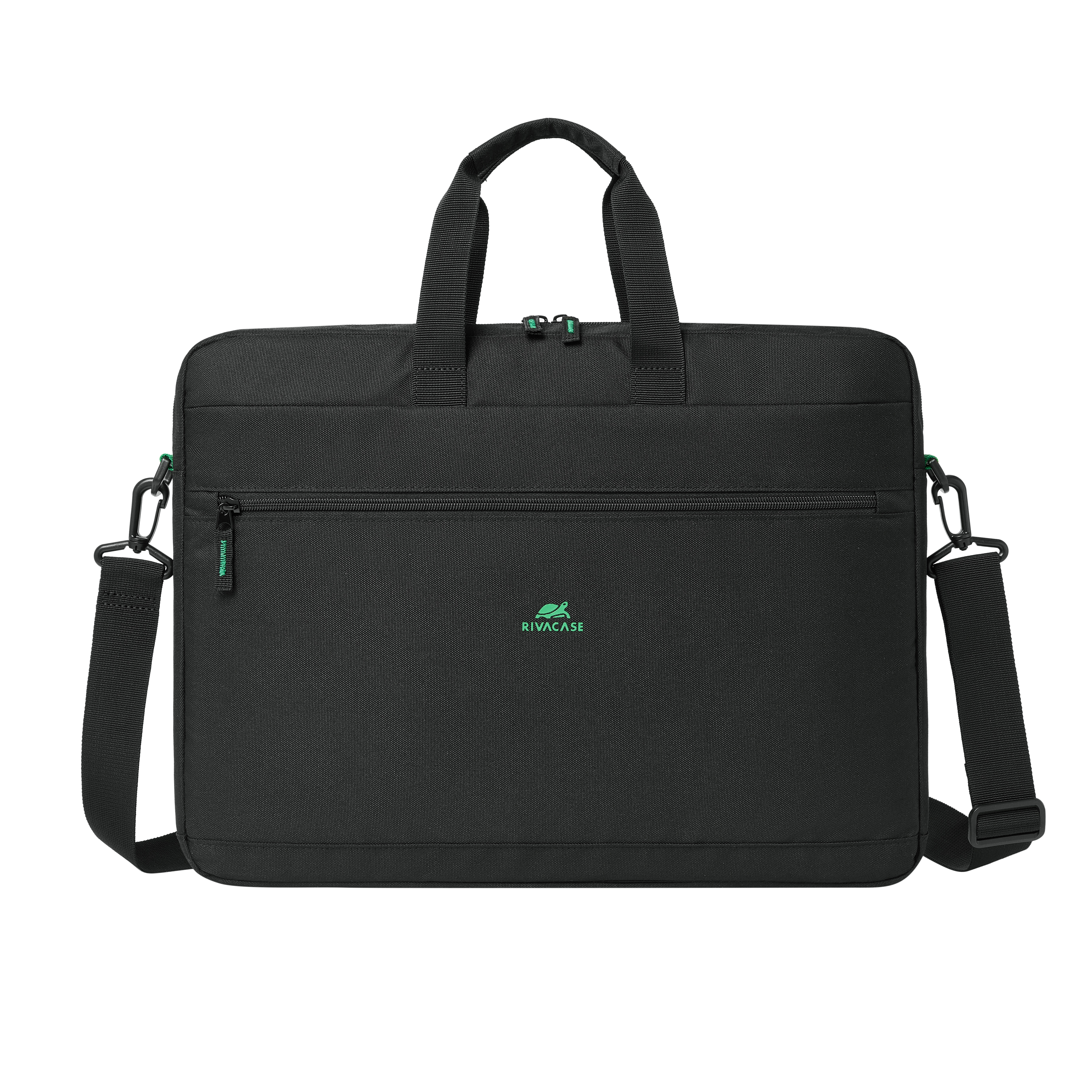 Borsa nera per laptop con manici e tracolla. Dettagli verdi.