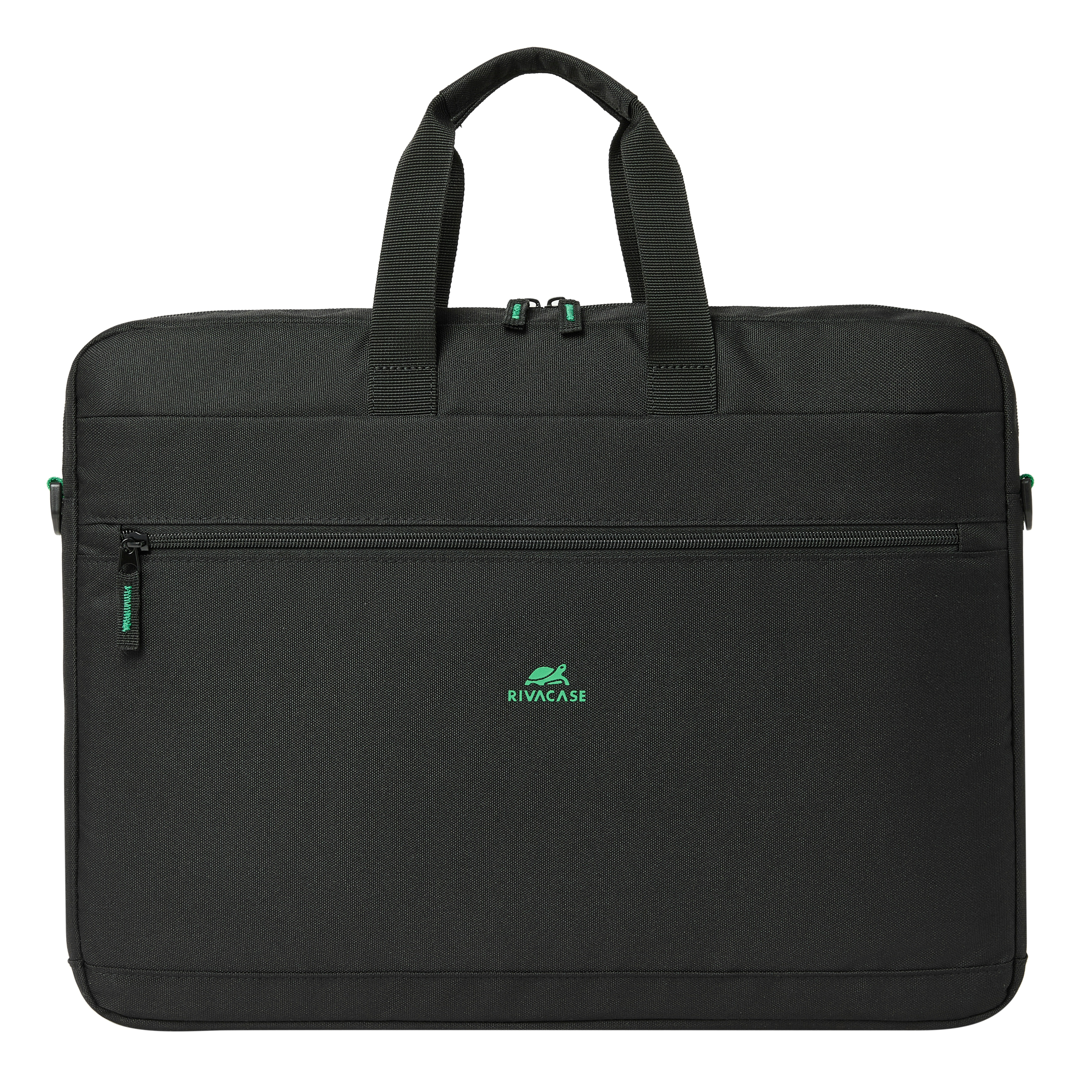 Borsa nera per laptop con manici e tasca con zip e logo verde.