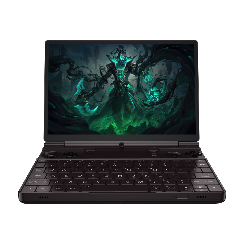 Czarny przenośny laptop do gier wyświetla grę dark fantasy na ekranie.