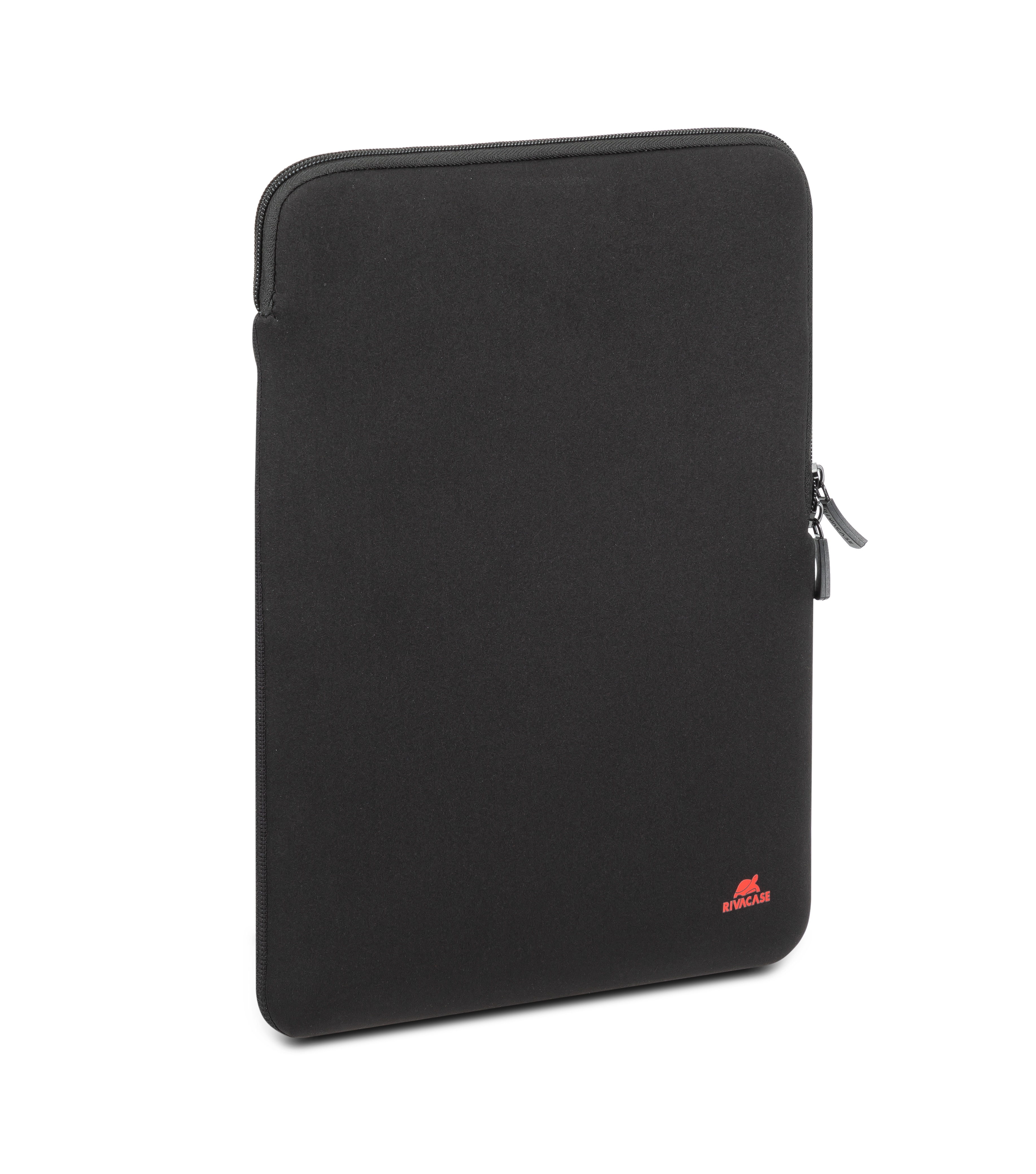Schwarze Laptoptasche mit Reißverschluss und rotem Logo unten rechts.