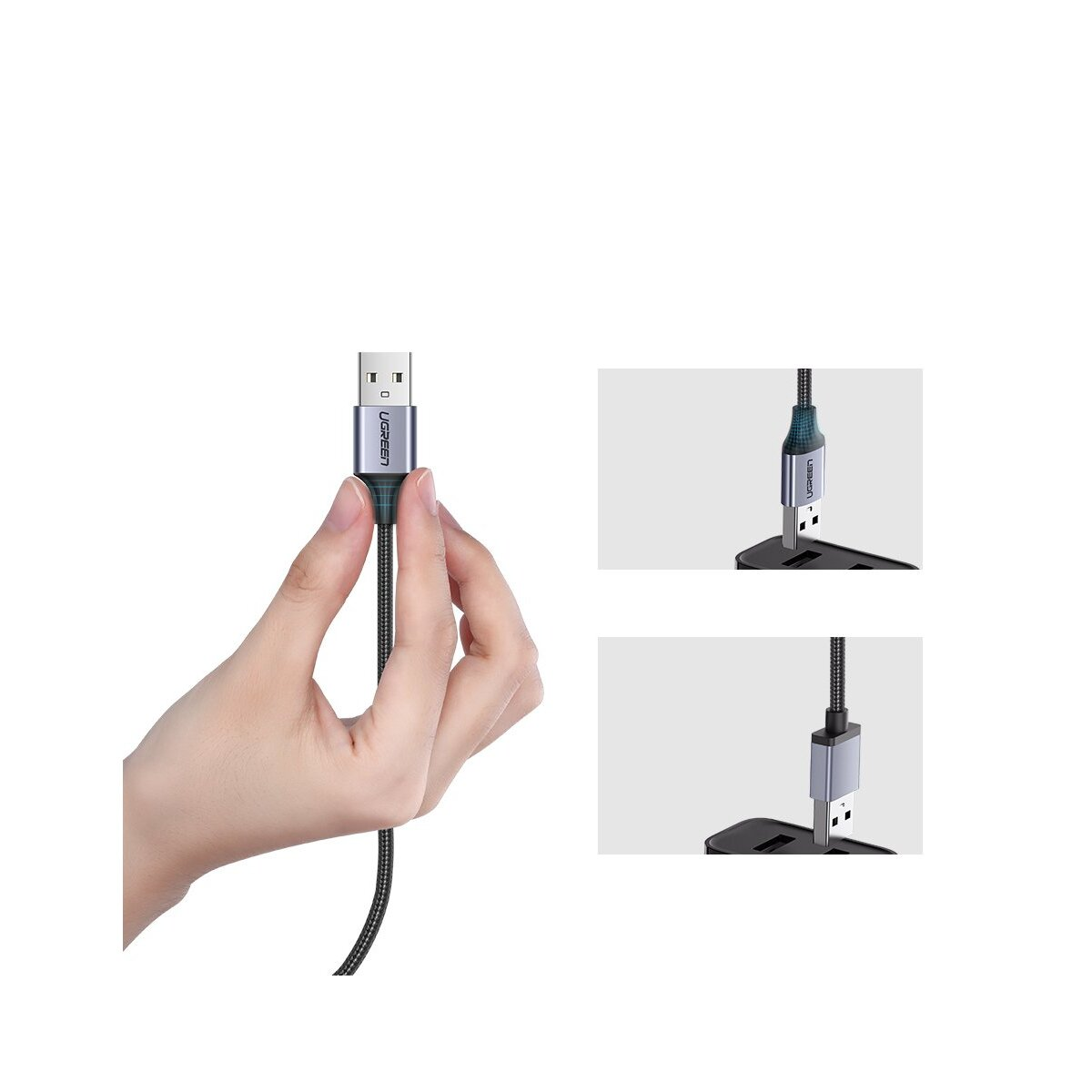 Eine Hand hält ein USB-Kabel mit UGREEN-Logo. Detailansichten zeigen Stecker.