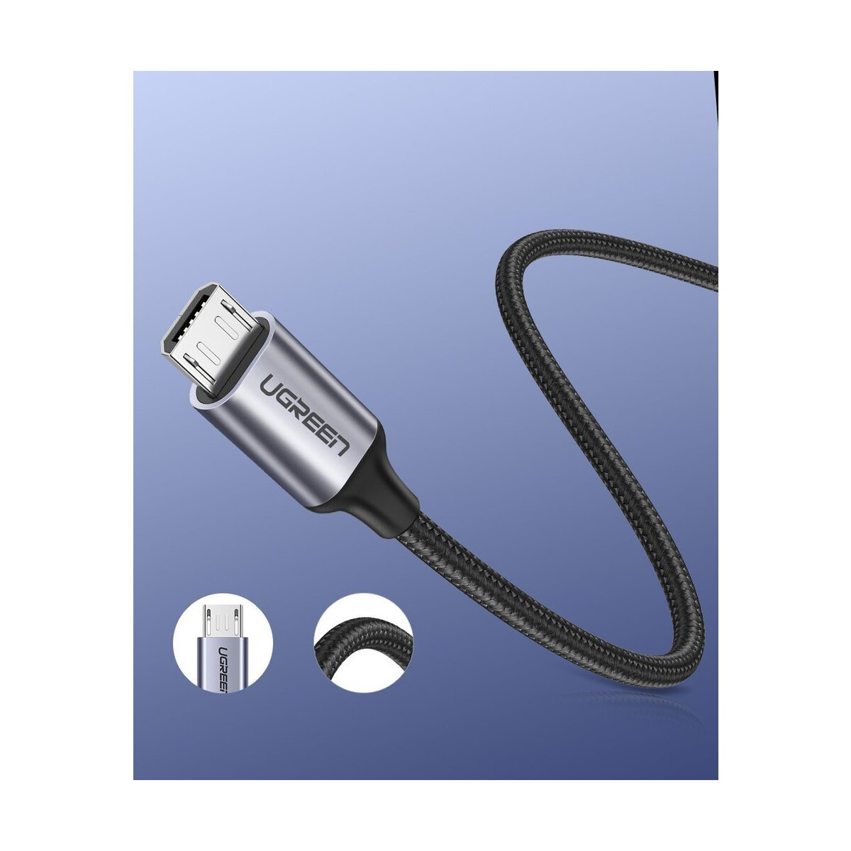 Ein silberner USB-C-Stecker mit schwarzem Kabel auf blauem Hintergrund.