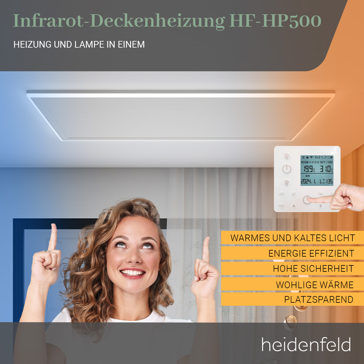 Eine Frau zeigt auf eine Infrarot-Deckenheizung mit Fernbedienung, die Wärme und Licht kombiniert.