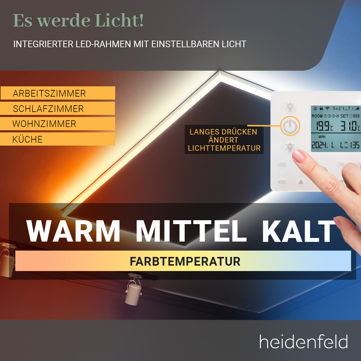 LED-Deckenleuchte mit Fernbedienung, zeigt warme, mittlere und kalte Lichtfarben an.