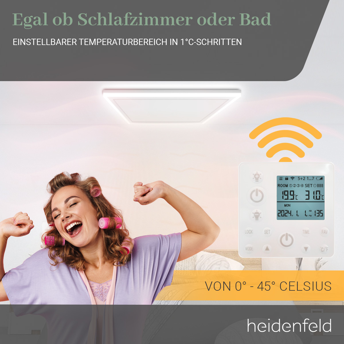 Frau mit Haarrollern dehnt sich vor einem Thermostat und einer Deckenlampe.