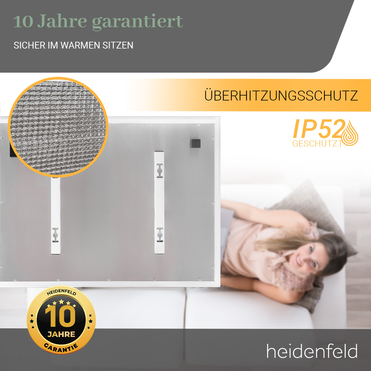 Rückseite eines Heizpaneels mit Überhitzungsschutz, IP52.