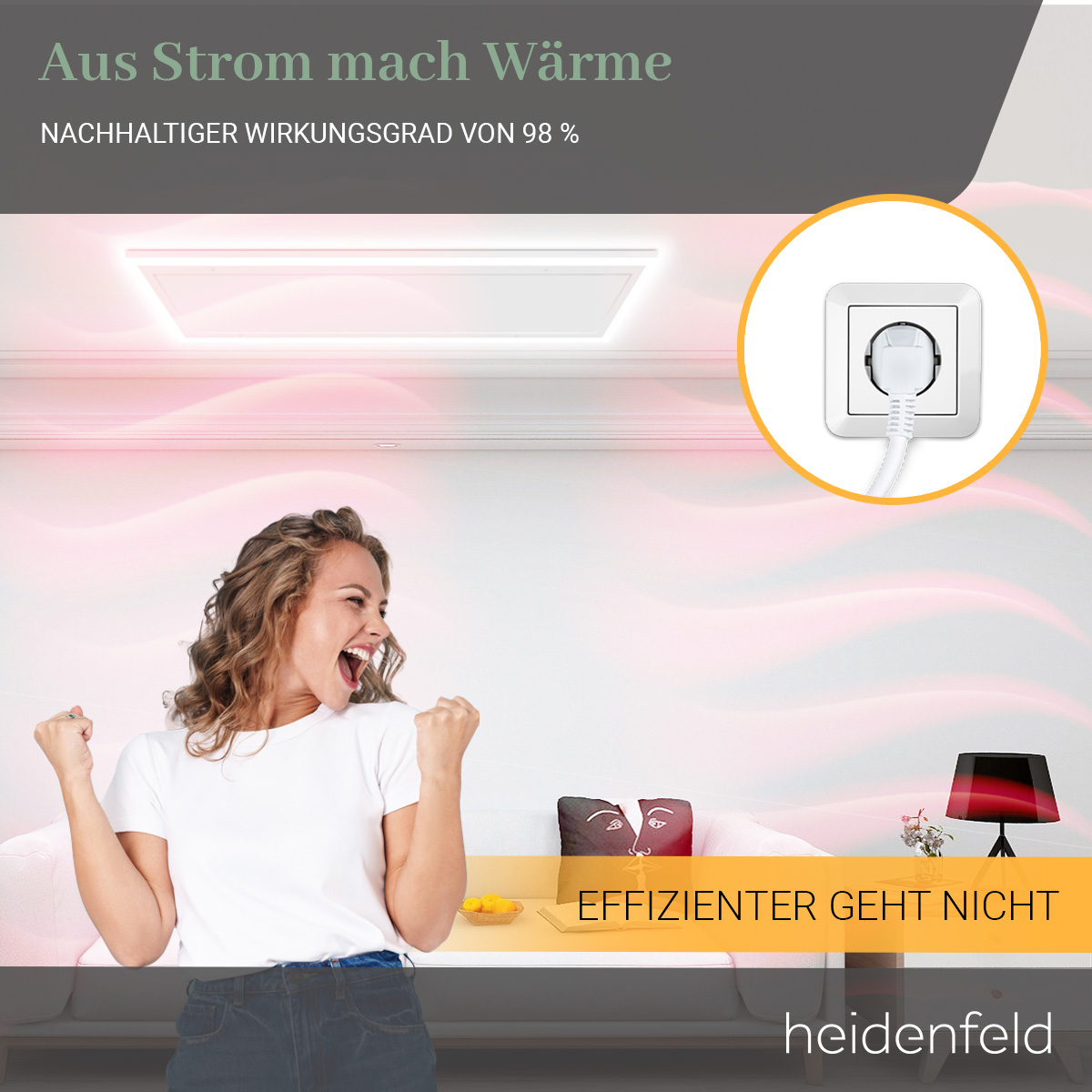 Frau jubelt vor Heizung, Stromstecker, Lampe. Effizient heizen.