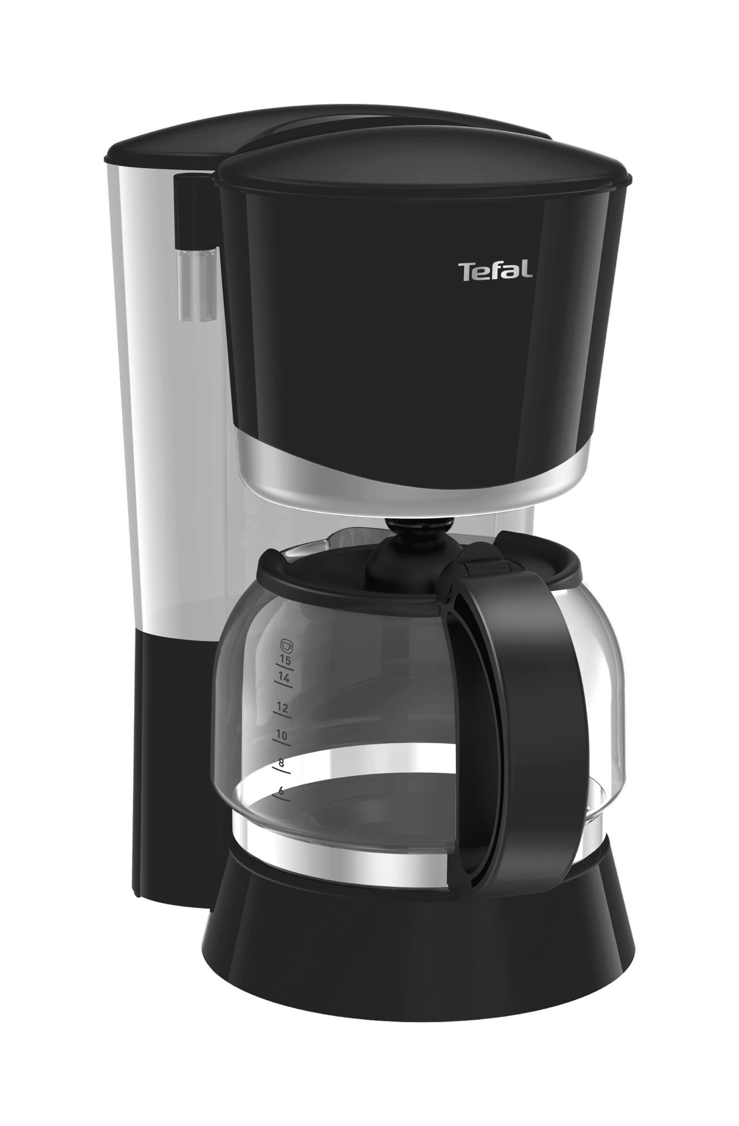 Black and silver Tefal coffee maker with glass carafe and water level indicator.
