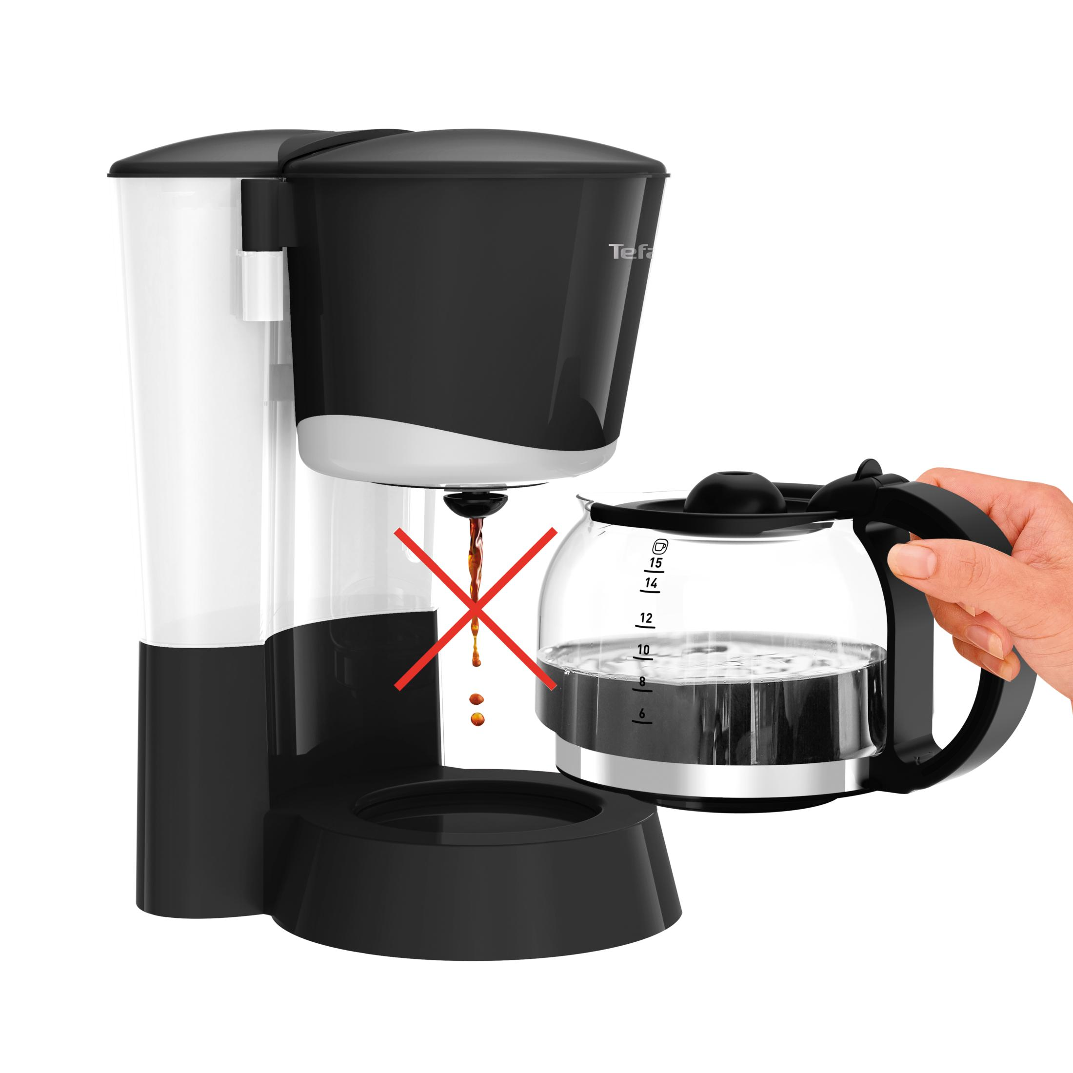 A black and white coffee maker with a red X over dripping coffee.