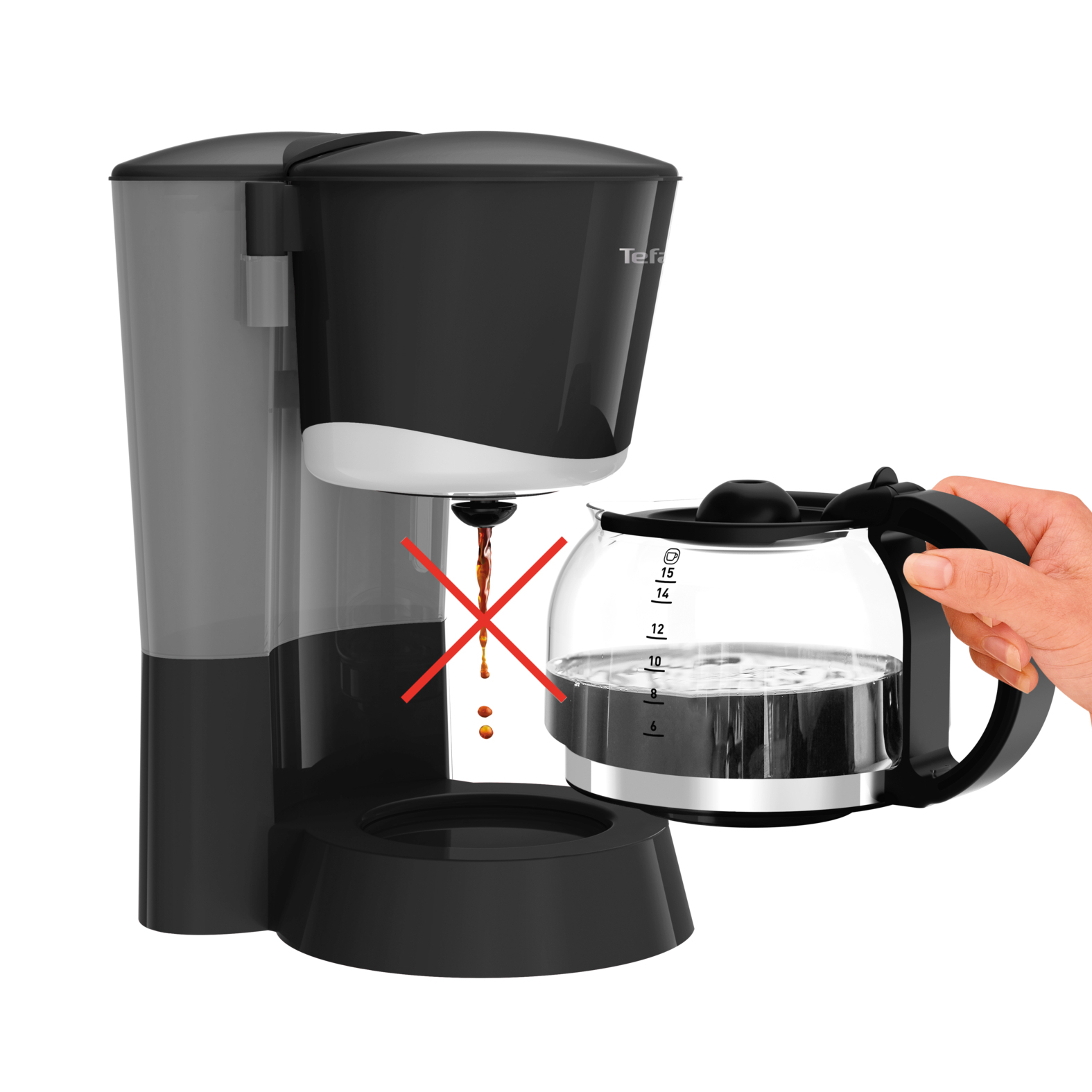A hand holds a coffee pot next to a coffee maker. A red cross indicates no coffee is dripping.