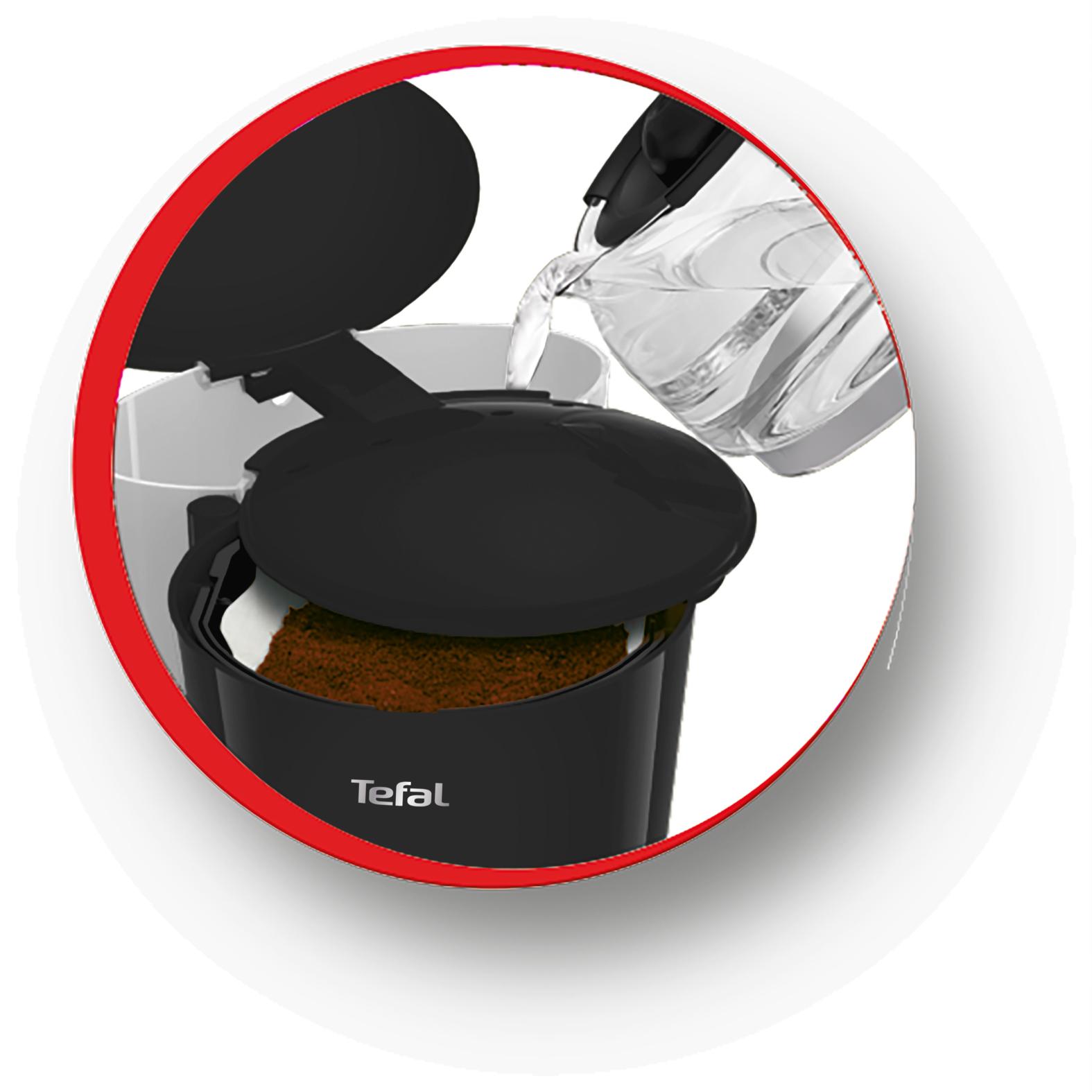 Water is being poured into a coffee maker with coffee grounds.