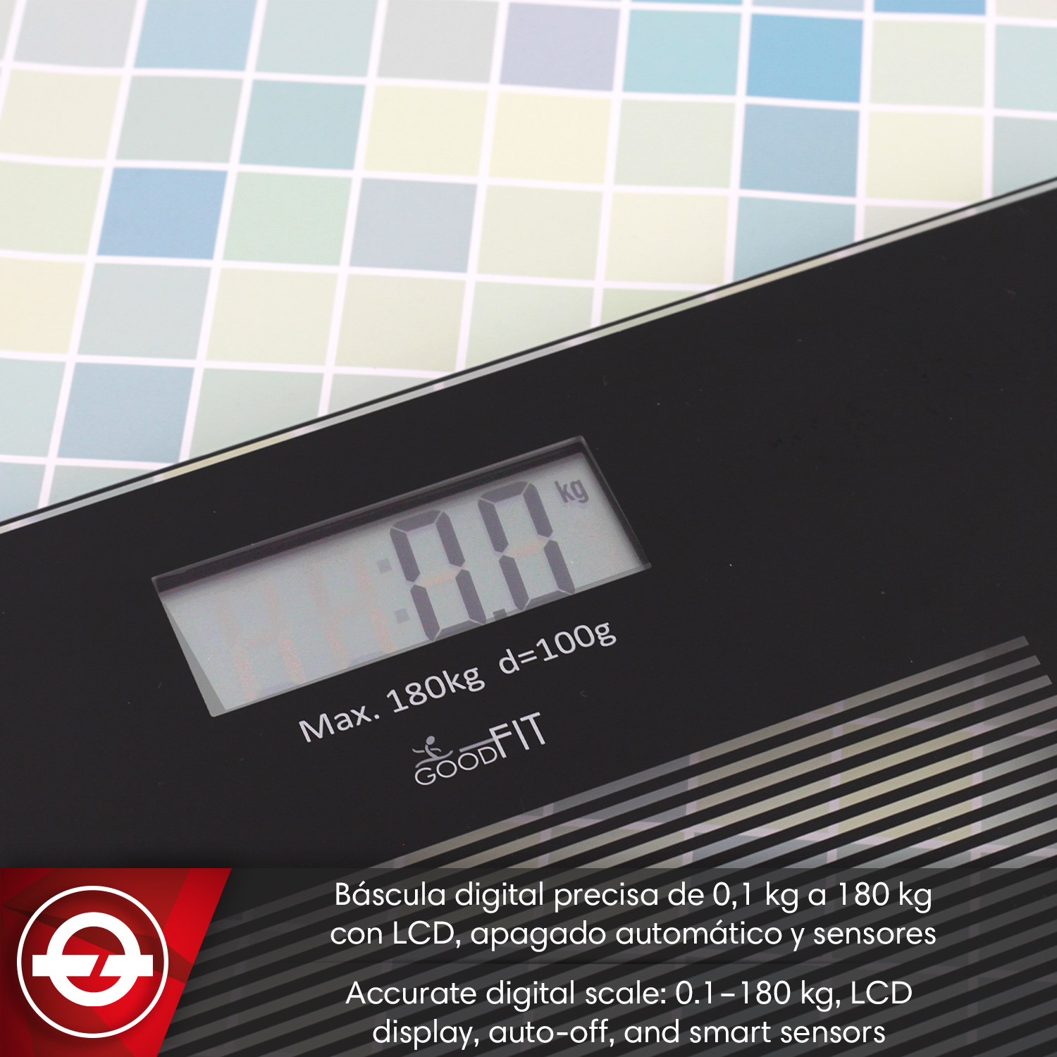 Báscula digital negra con pantalla LCD que muestra 0,0 kg.