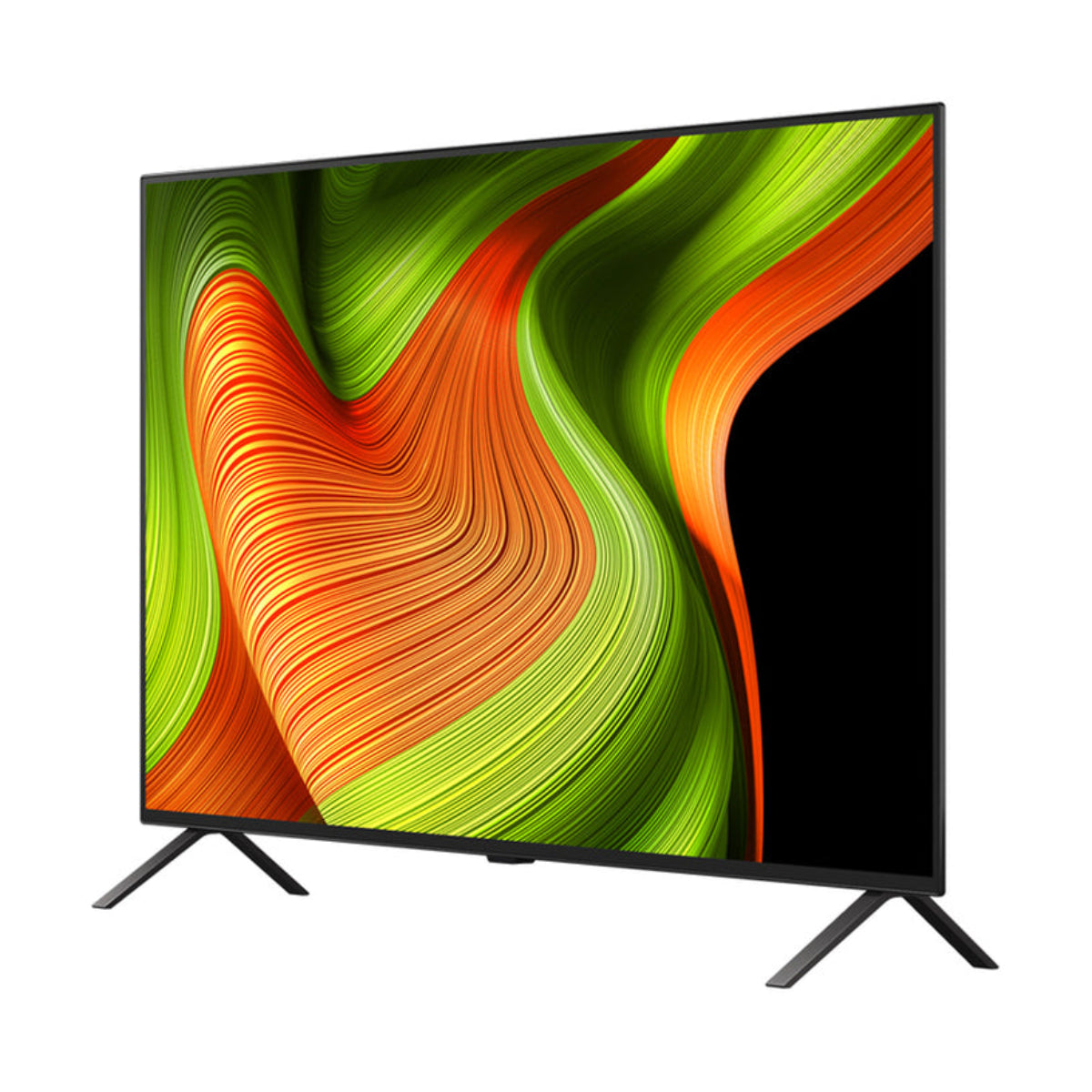 A modern black television displaying an abstract, colorful wallpaper of orange and green waves.