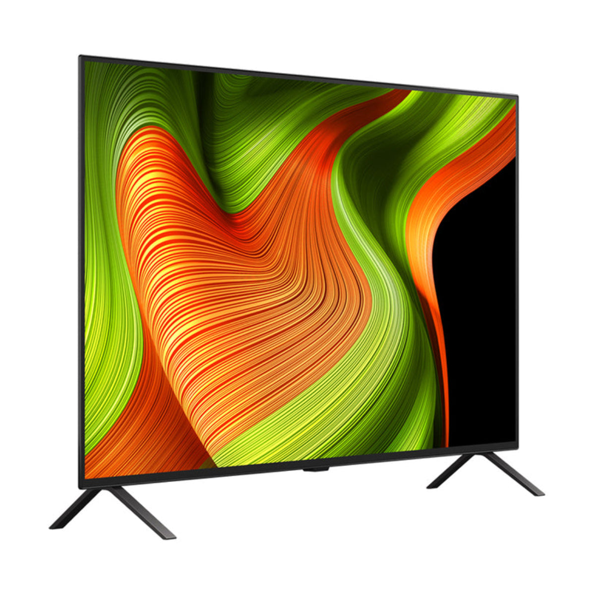 Modern TV with slim black stand and screen displaying abstract green and orange pattern.