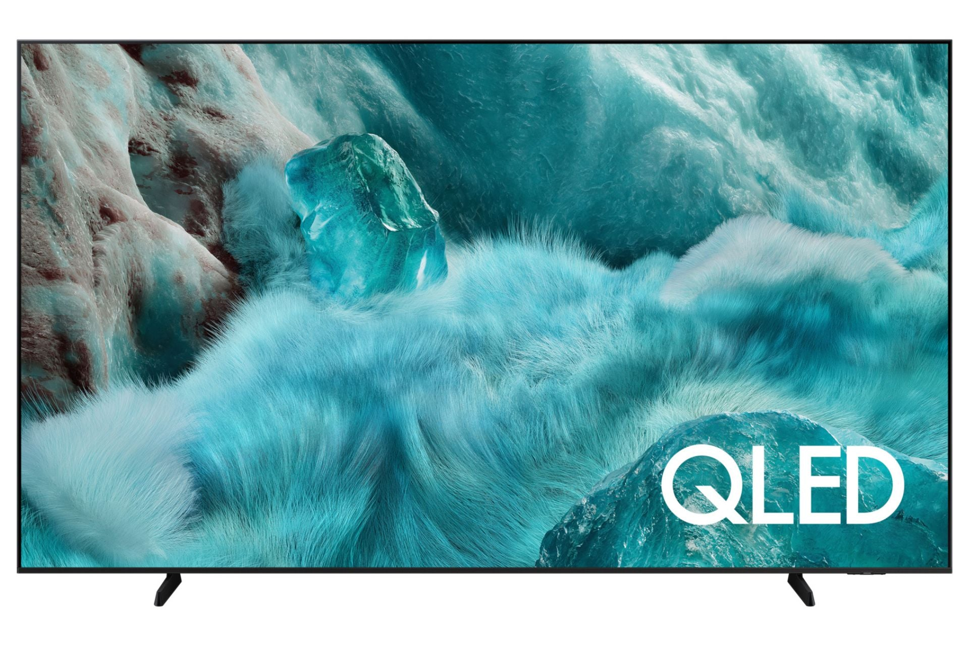 Un téléviseur QLED moderne affichant un fond bleu et poilu avec des morceaux de glace.