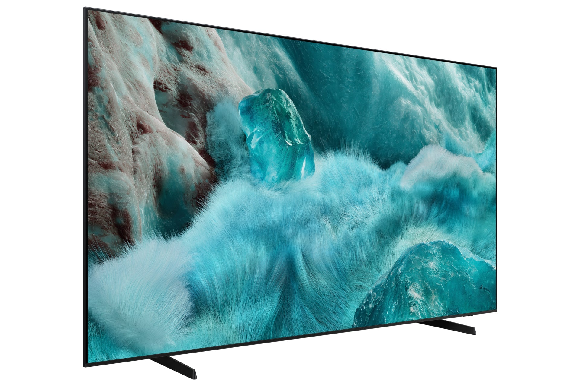 Un téléviseur moderne affichant une image abstraite de fond bleu glacé et marron.