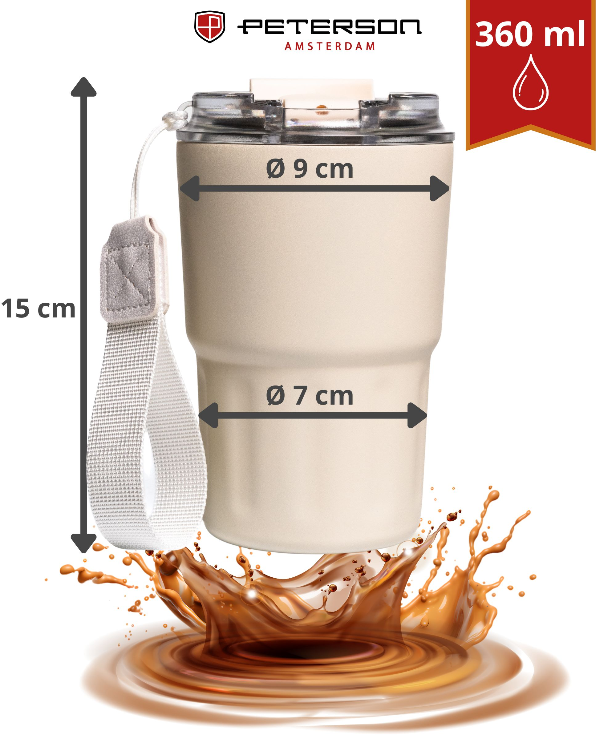 Beżowy kubek (360ml, 15cm wysoki) z uchwytem pętelkowym i rozpryskami.