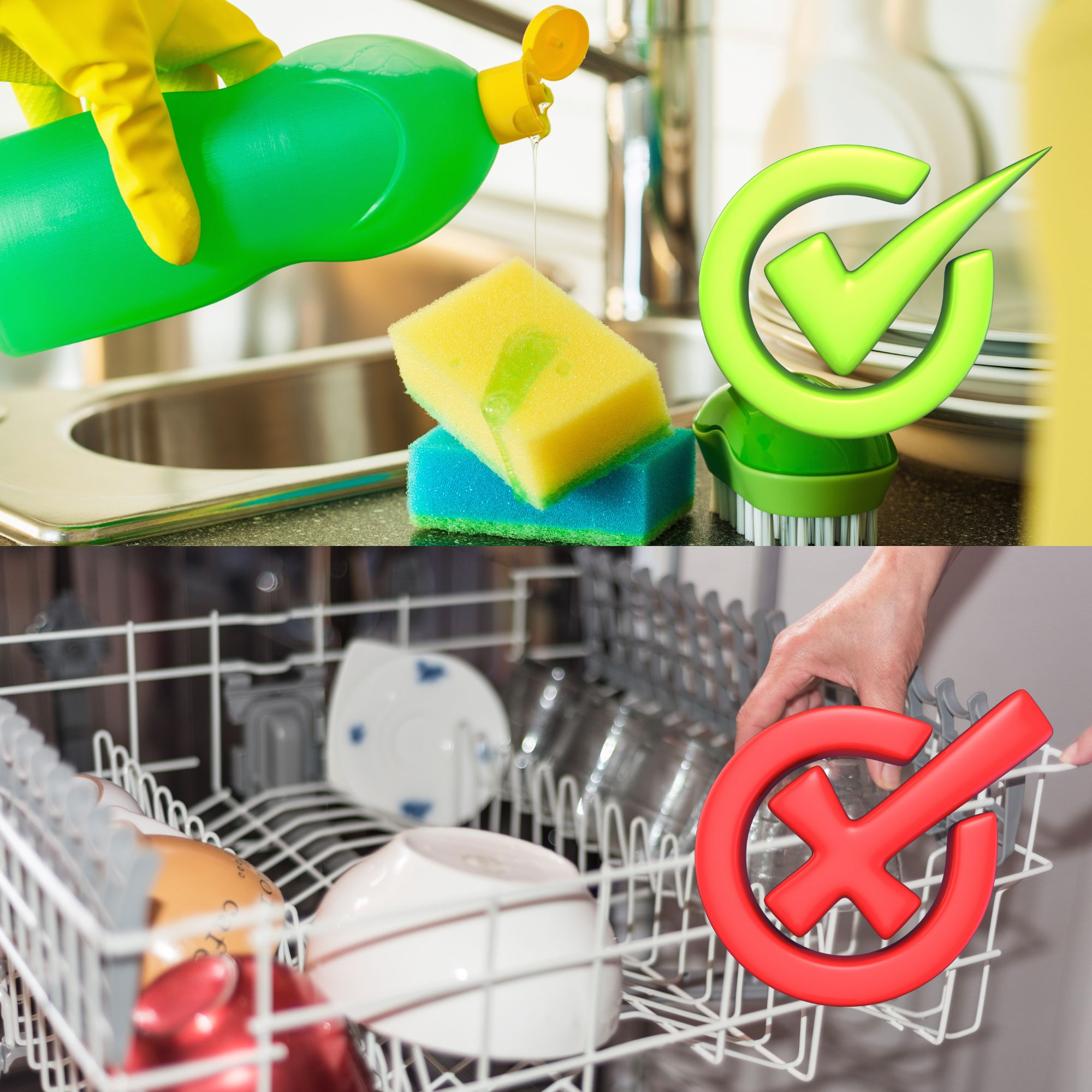Zielony haczyk nad zlewem, czerwony krzyżyk nad zmywarką. Ręce w żółtych rękawiczkach.