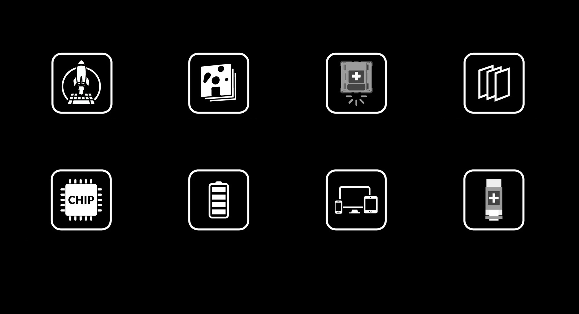 Icone: Razzo, fette di formaggio, drone, documenti, chip, batteria, dispositivi, medicinale.