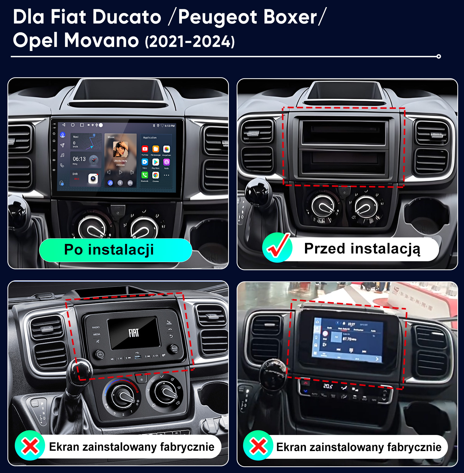 Porównanie deski rozdzielczej Fiat Ducato, Peugeot Boxer, Opel Movano przed i po.