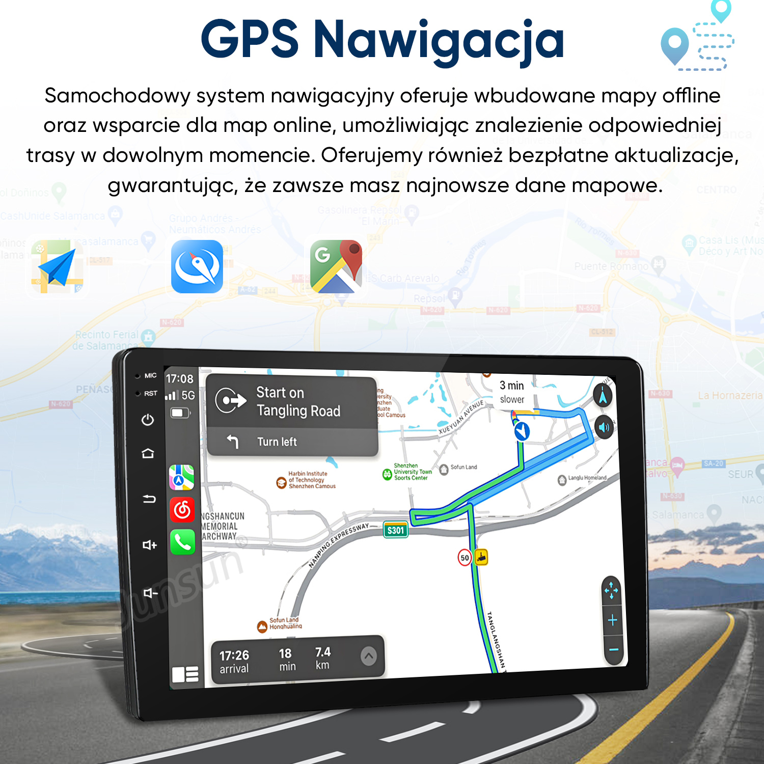 System nawigacji GPS pokazujący trasę, ruch drogowy, stan pojazdu i mapę.