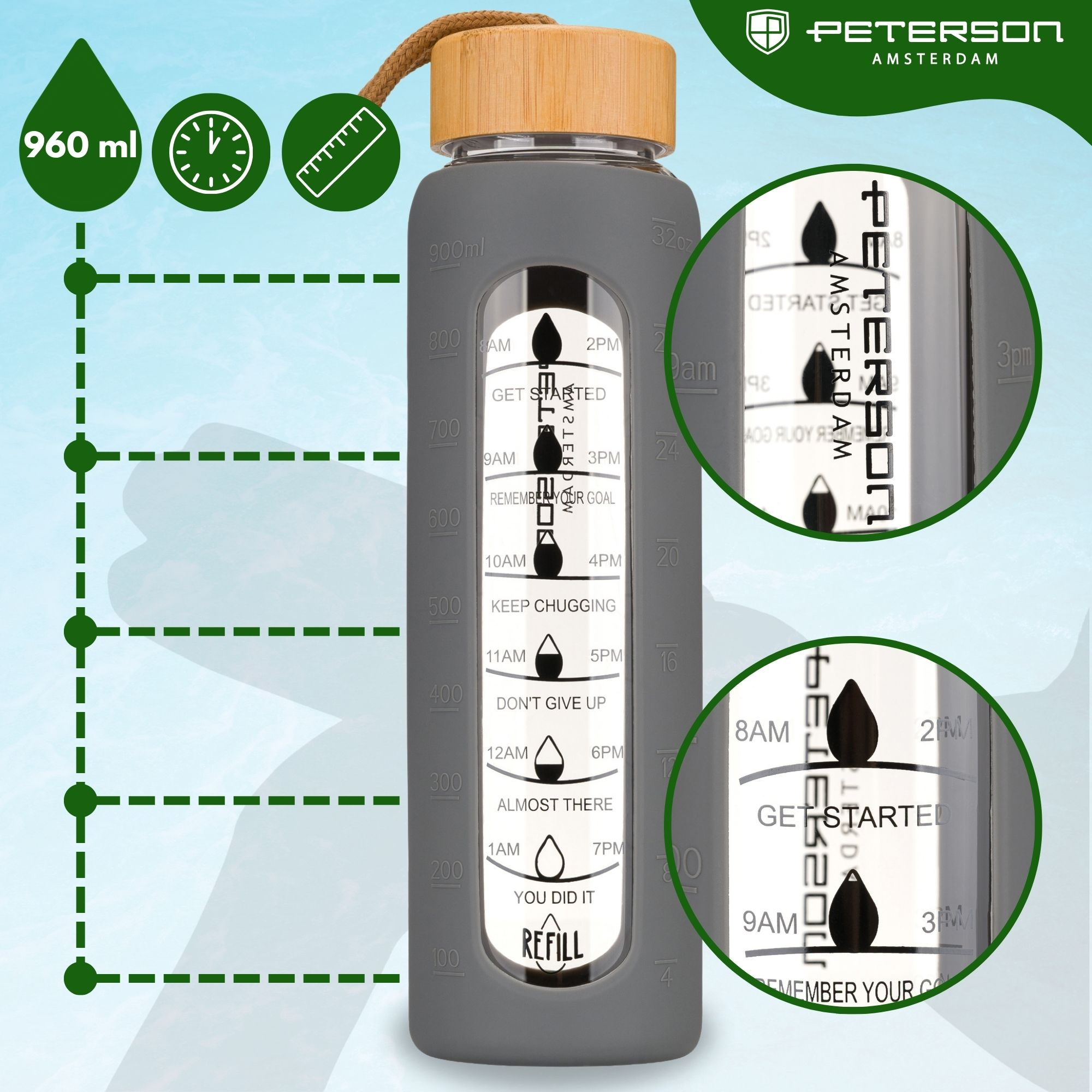 Szara butelka na wodę ze znacznikami czasu i bambusową nakrętką. Logo "Peterson Amsterdam".
