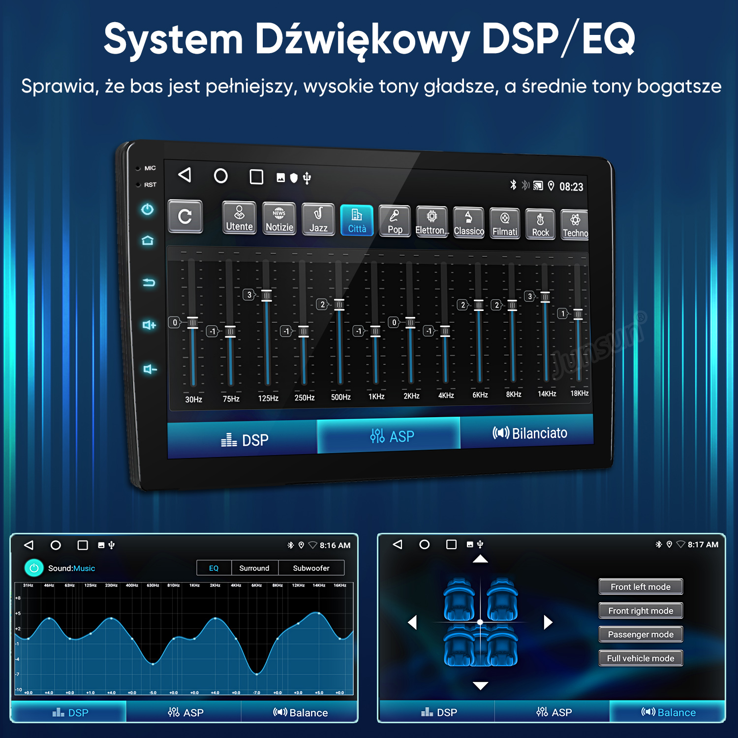 System DSP/EQ samochodowego radioodtwarzacza pokazujący suwaki korektora i tryby dźwięku.