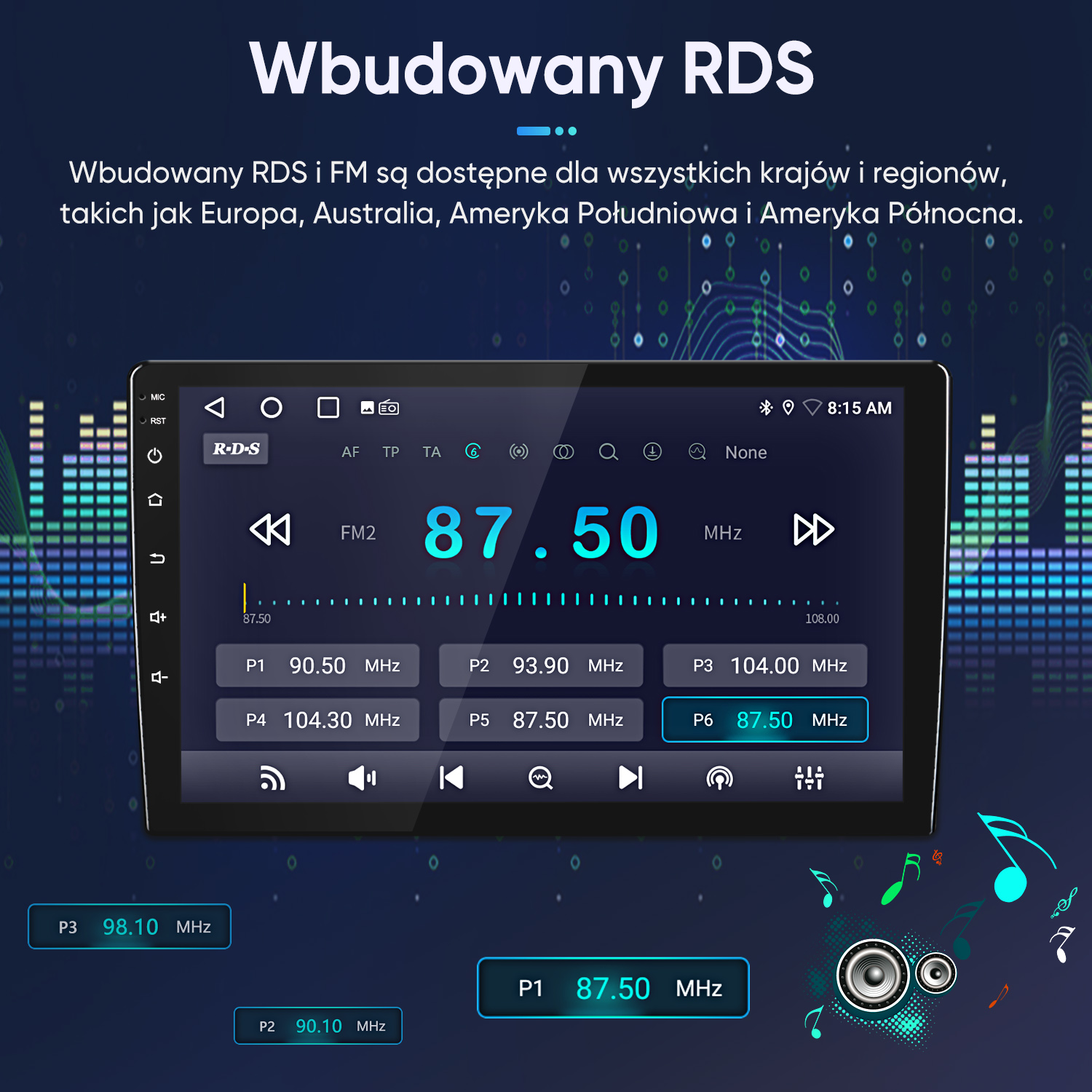 Wyświetlacz radia samochodowego pokazuje funkcje RDS i FM z częstotliwościami i ustawieniami.