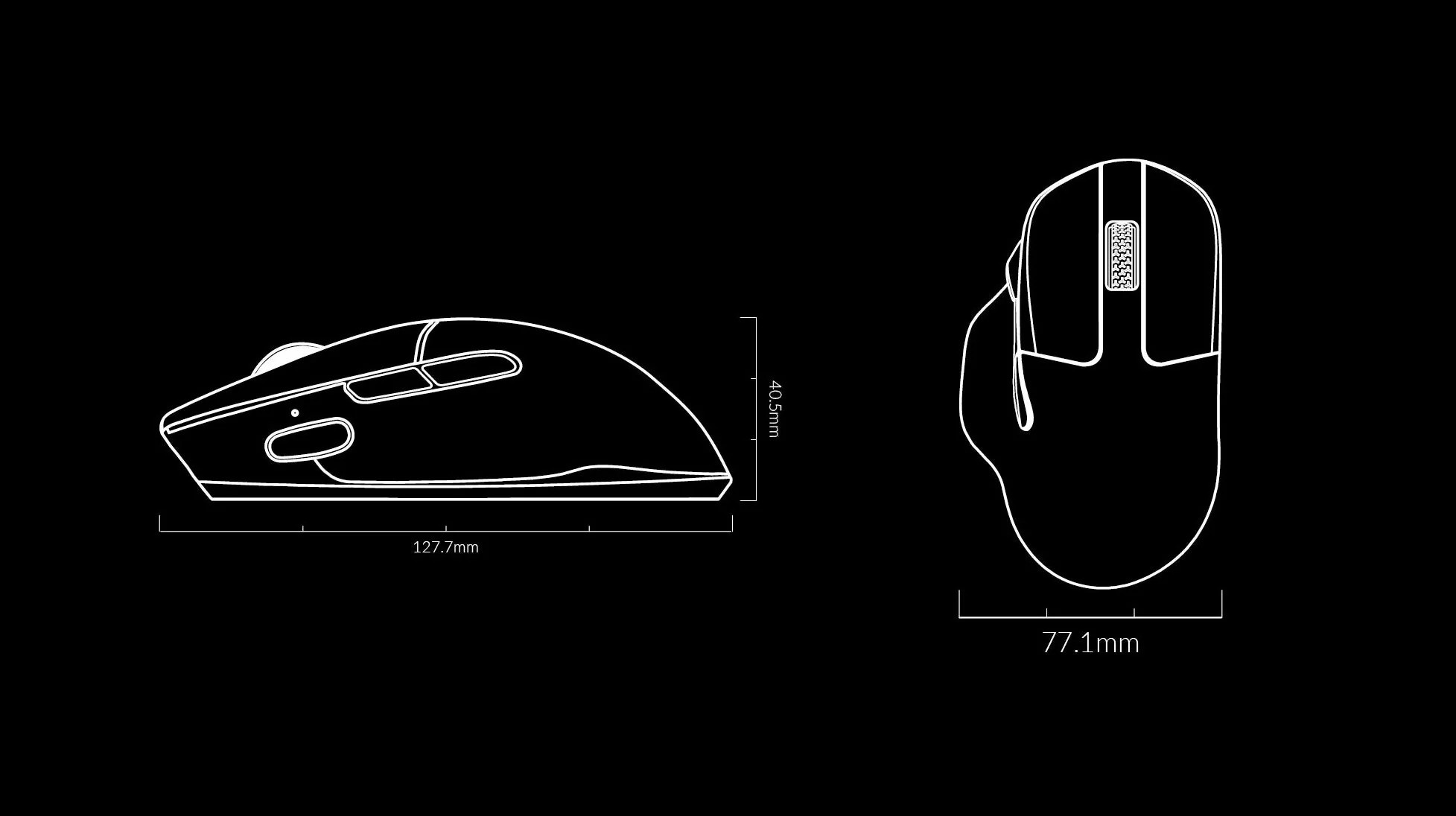 Rysunek techniczny myszy komputerowej z wymiarami. Widok z boku i z góry.