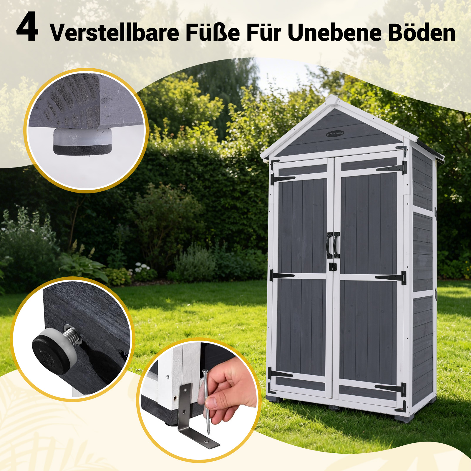 Dunkelgrauer Gartenschrank mit weißen Akzenten und verstellbaren Füßen.