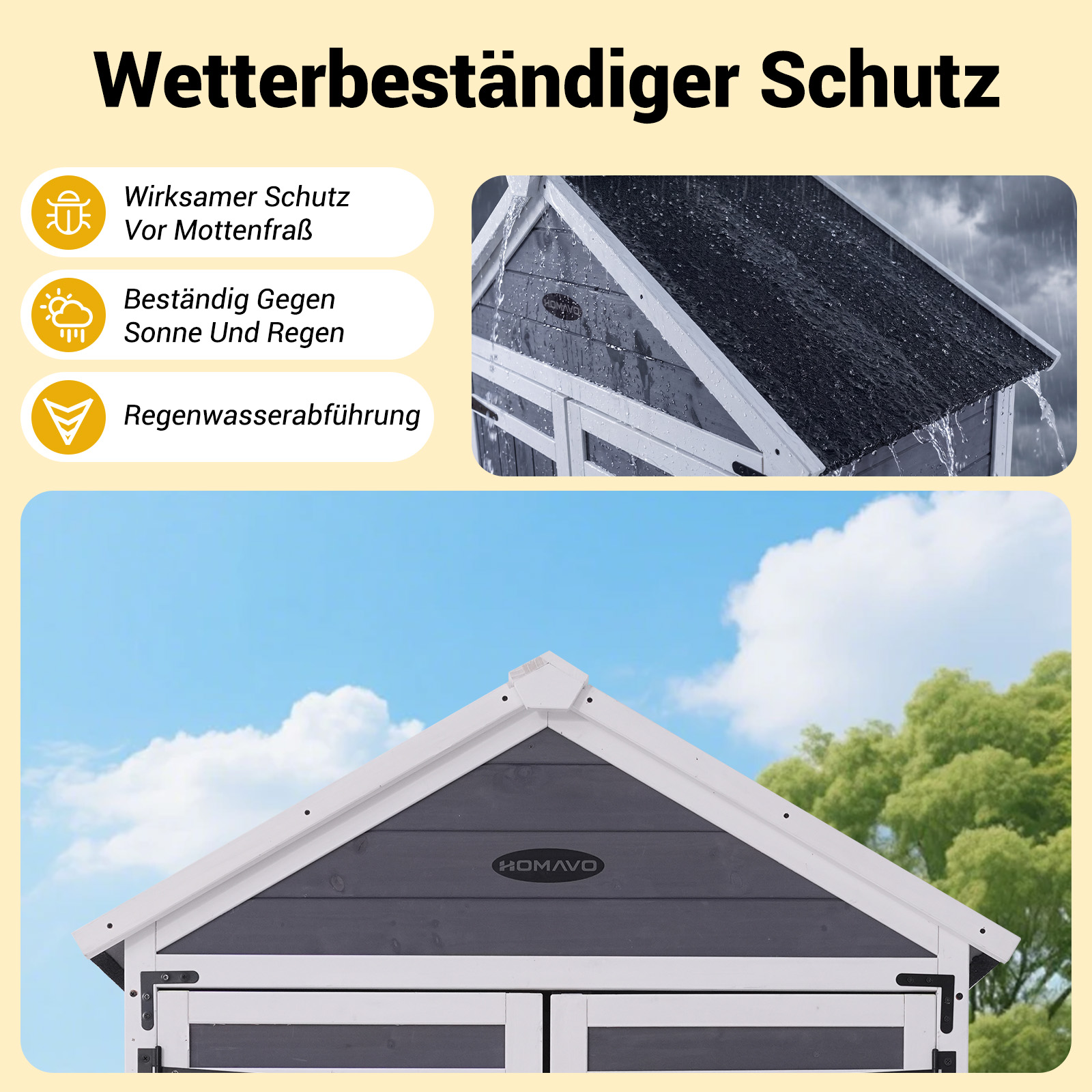 Ein wetterbeständiges Holzhaus mit dunklem Dach, auf dem Regen fällt.