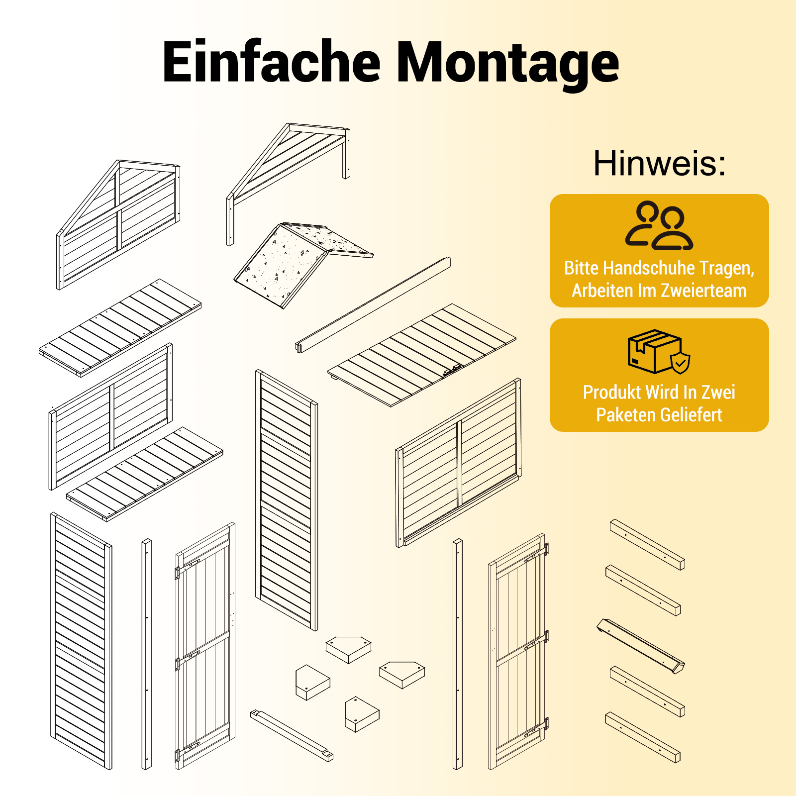 Explosionszeichnung von Montageanleitungen für ein Holzhaus mit Hinweisen.