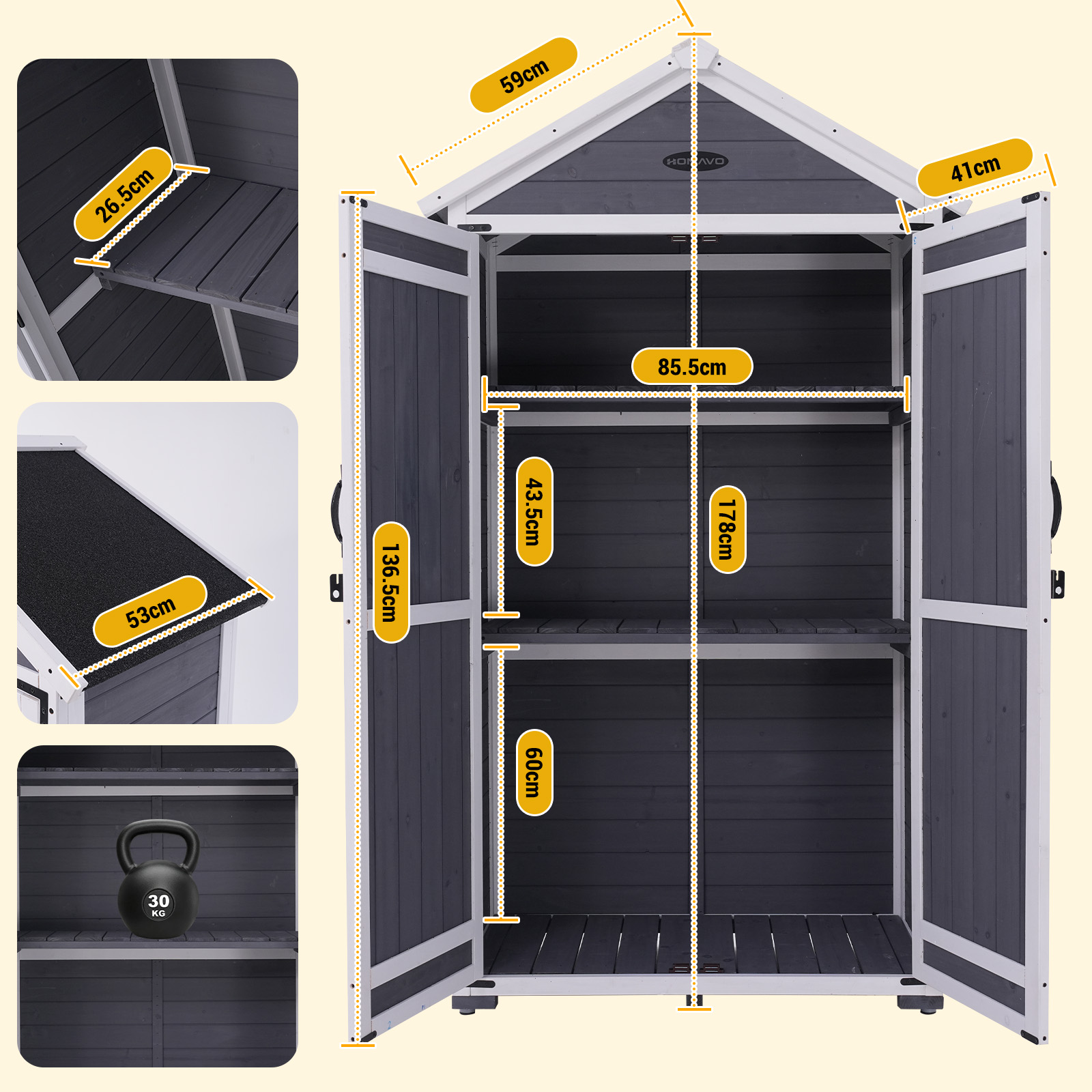 Drewniana szopa z otwartymi drzwiami, wymiary widoczne.