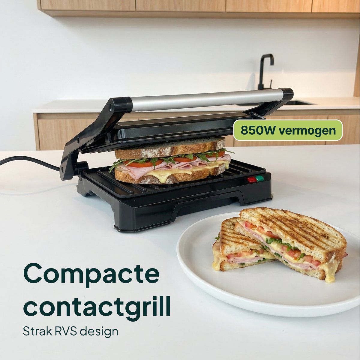 A contact grill with a sandwich inside and two finished sandwiches on a plate.