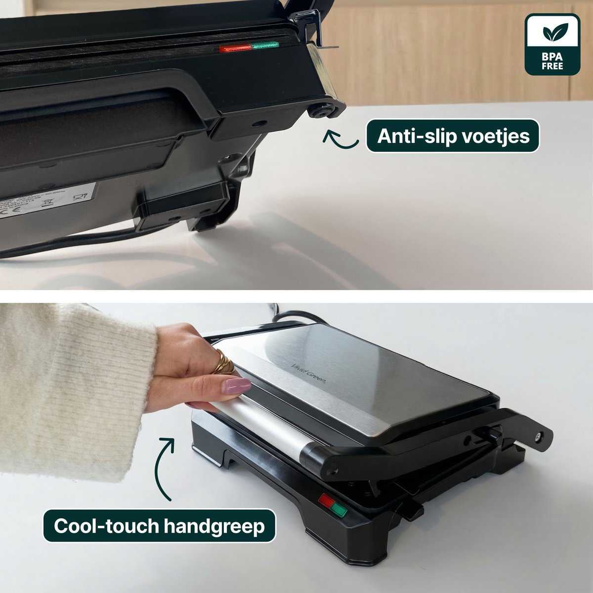 A sandwich maker with a cool-touch handle and anti-slip feet.
