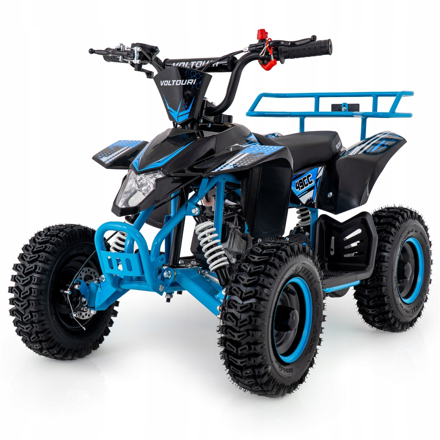 Niebiesko-czarny quad z oponami terenowymi i bagażnikiem.