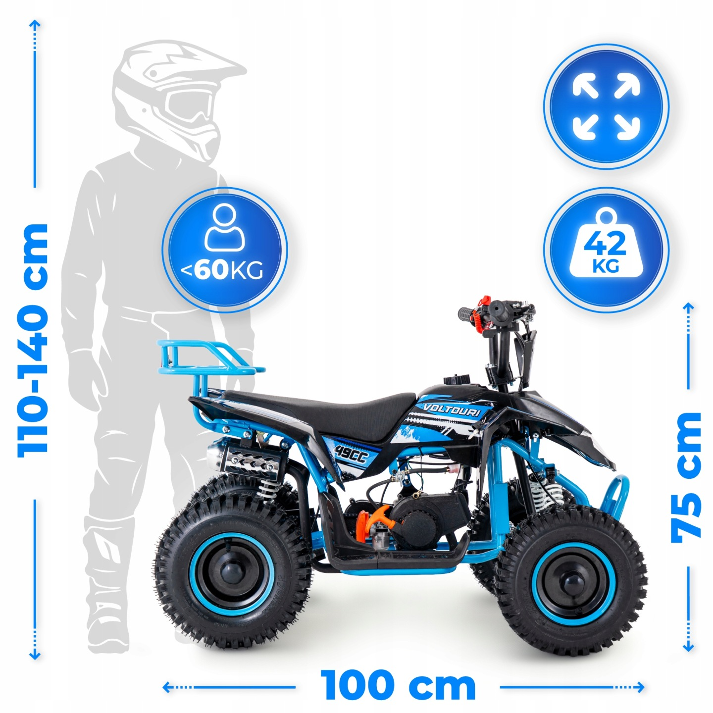 Niebieski quad dla dzieci z czarnymi akcentami obok sylwetki jeźdźca.