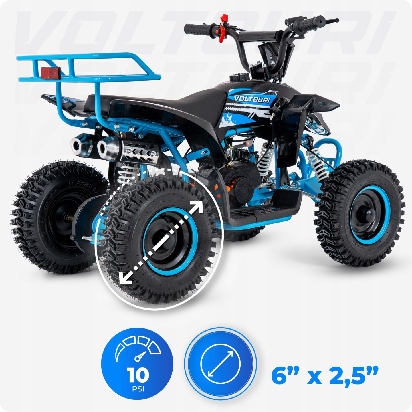 Niebiesko-czarny quad dla dzieci z oponami 10 PSI i rozmiarem 6" x 2,5".