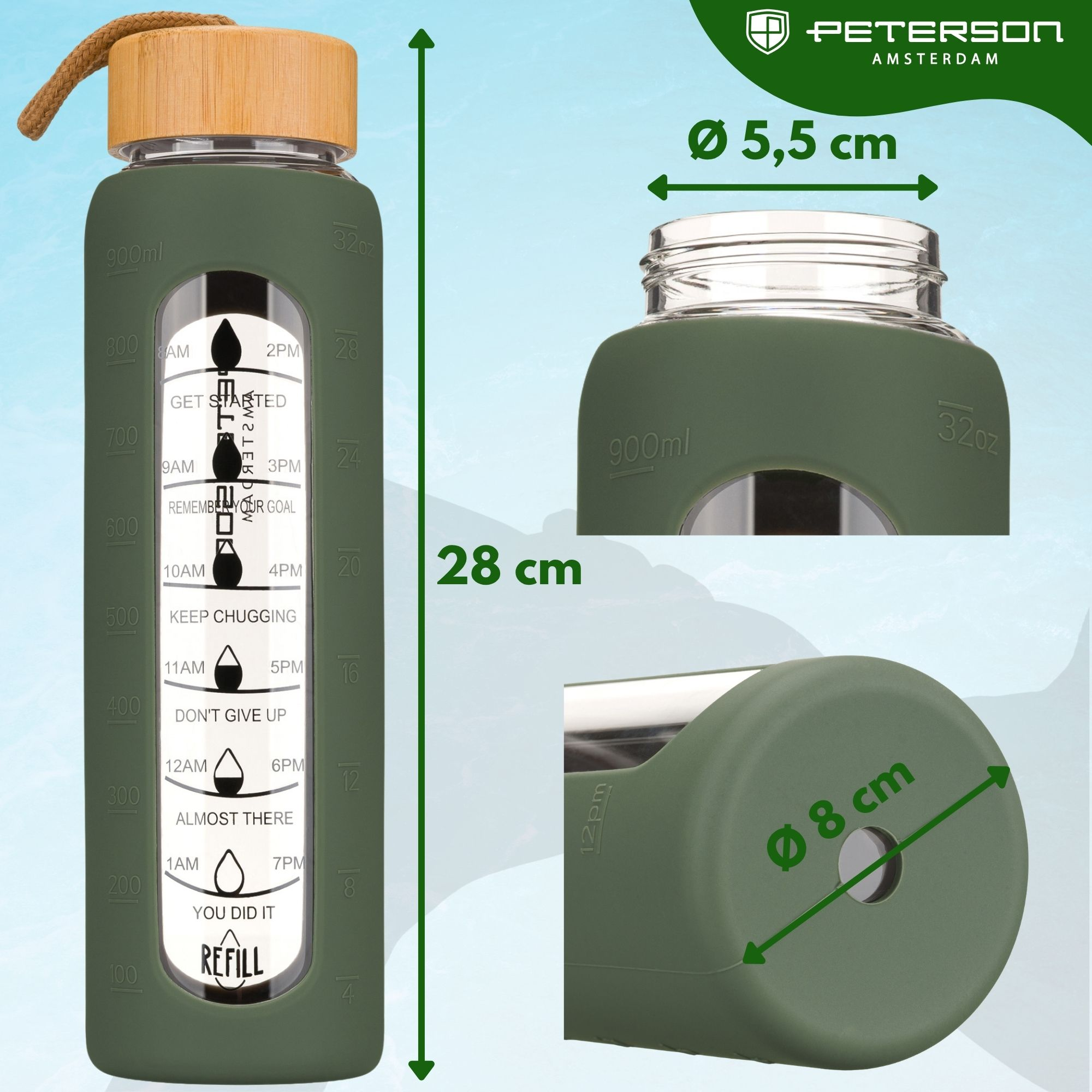Zielona butelka na wodę z drewnianą pokrywką, 900ml, wys. 28cm, śr. 5,5cm/8cm.