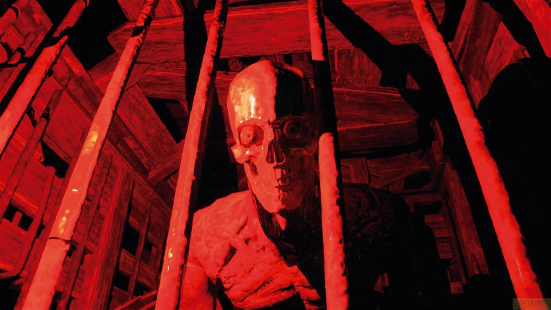 Una espeluznante figura con cara de calavera tras barrotes rojos en un entorno oscuro.