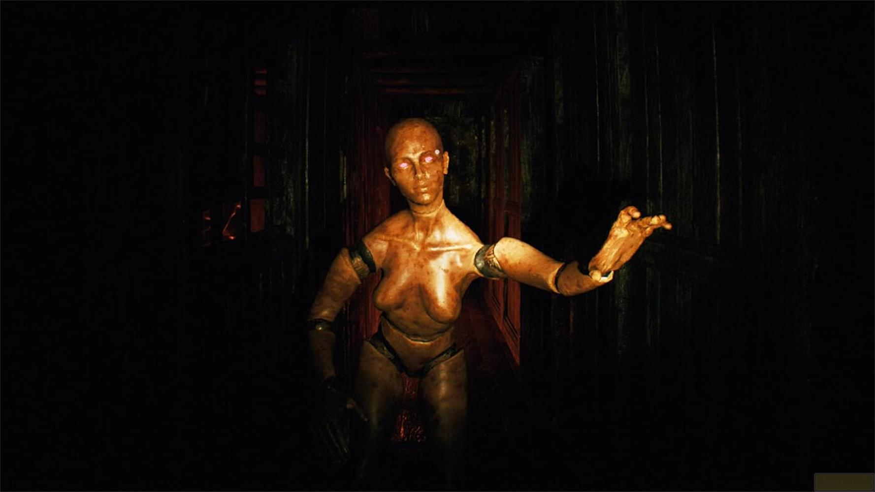 Una espeluznante muñeca lisa con ojos brillantes se para en una habitación oscura.