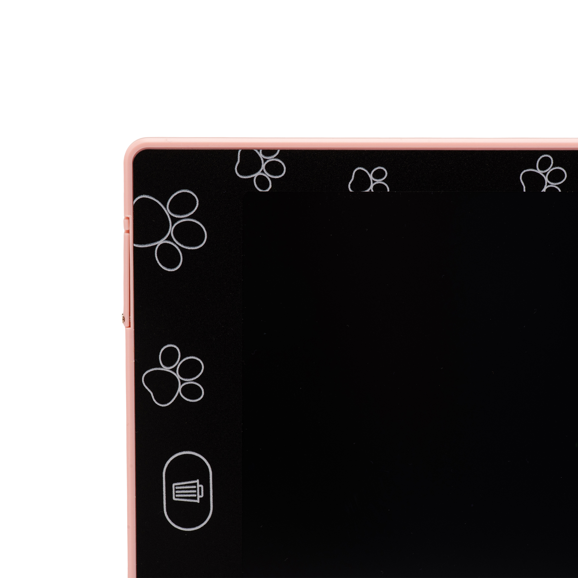 Różowy tablet z czarnym ekranem i białymi odciskami łap.