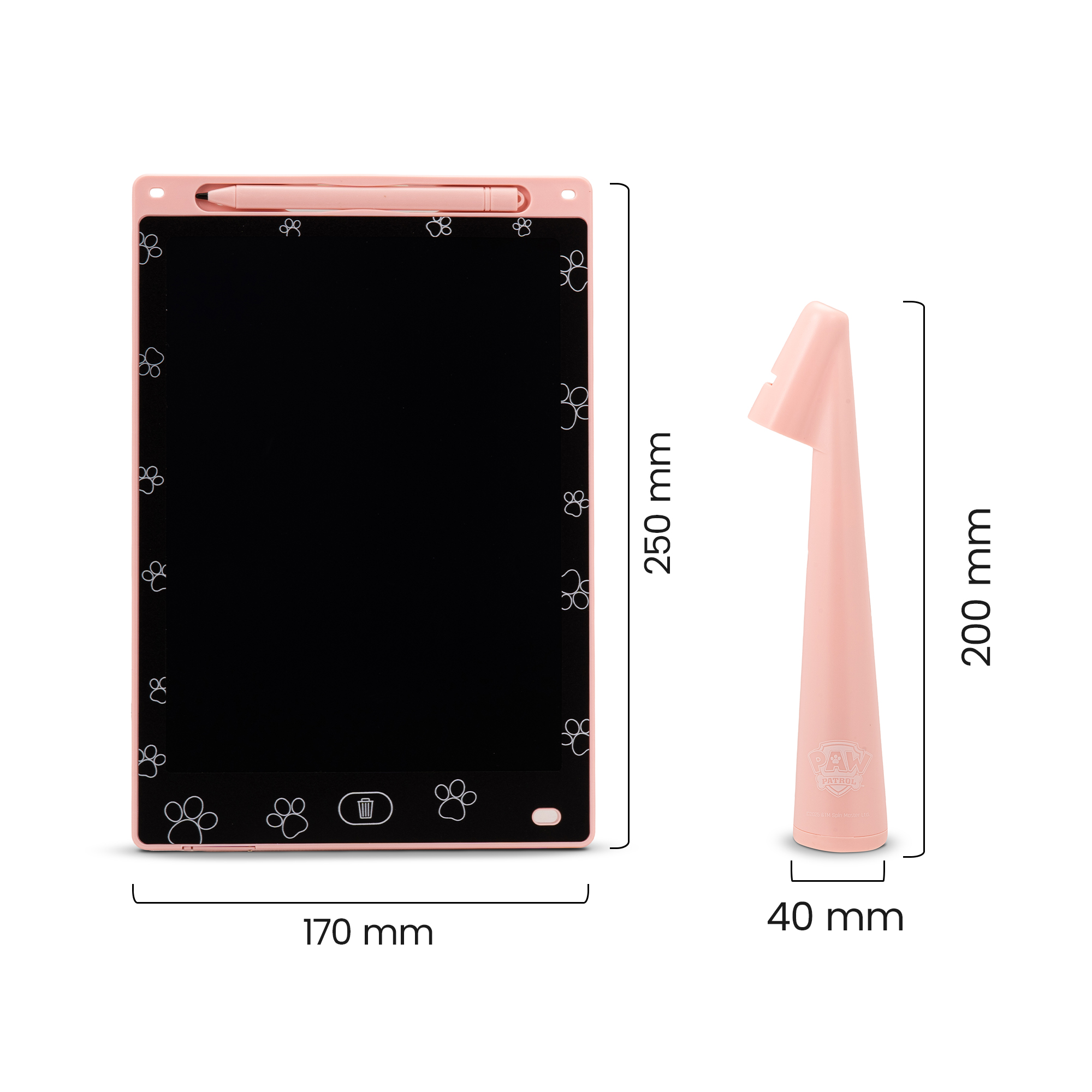 Różowy tablet do rysowania ze stylusem i wymiarami.