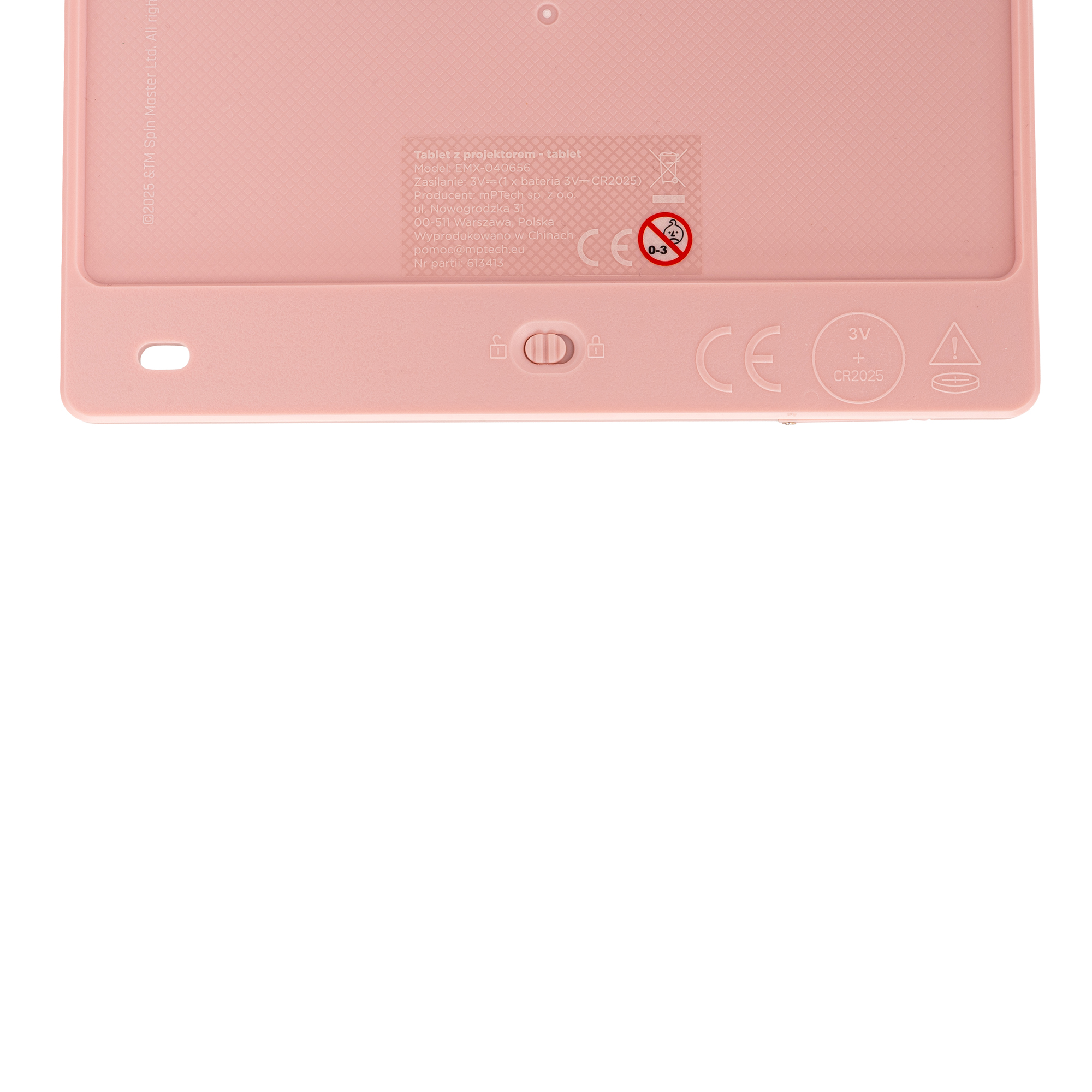 Tył różowego tabletu ze znakiem CE i ikonami ostrzegawczymi.