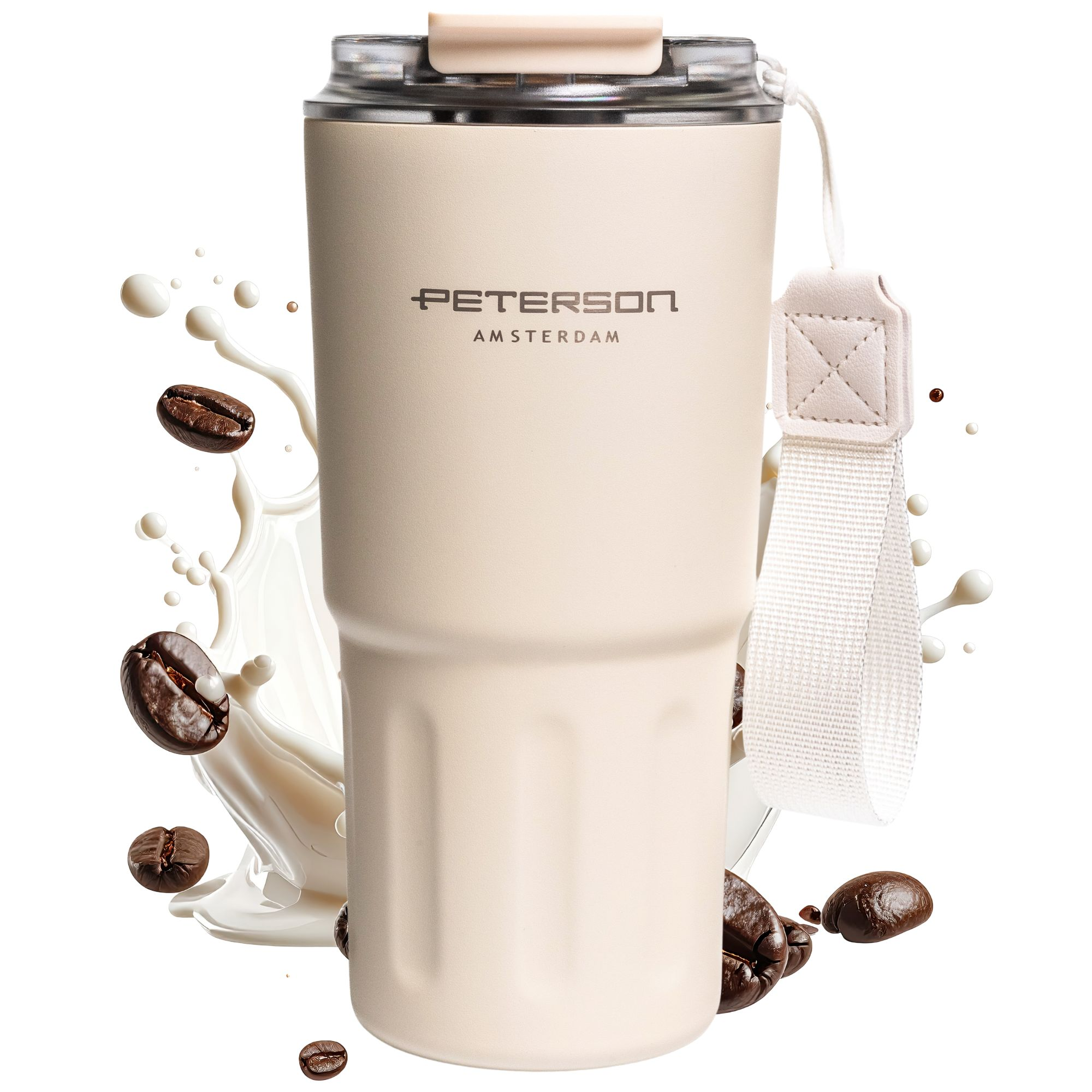 Beżowy kubek z ziarnami kawy i rozpryskami mleka