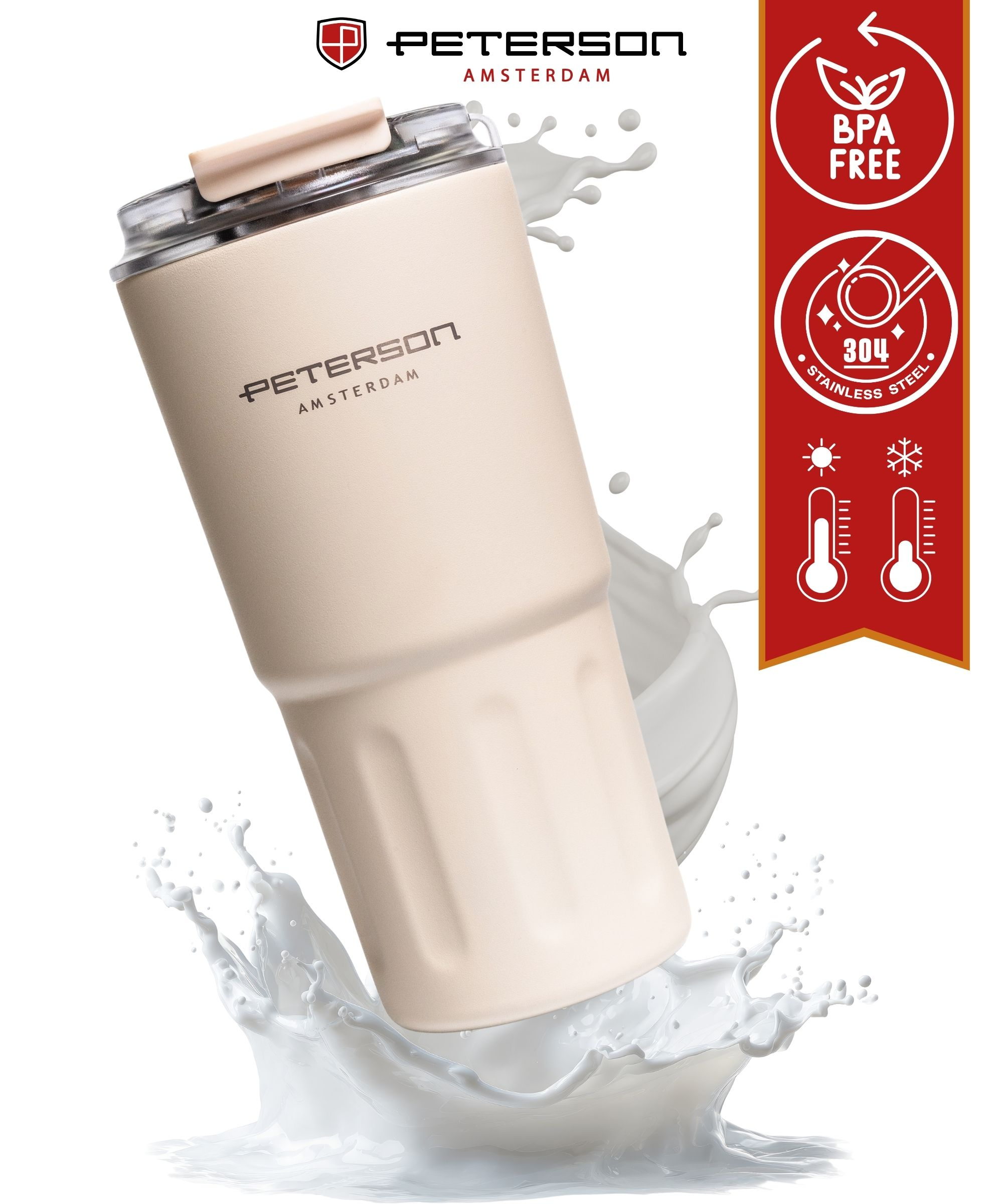 Beżowy kubek Peterson z pokrywką, otoczony plamami mleka. Ikony w prawym górnym rogu: wolny od BPA i stal nierdzewna 304.