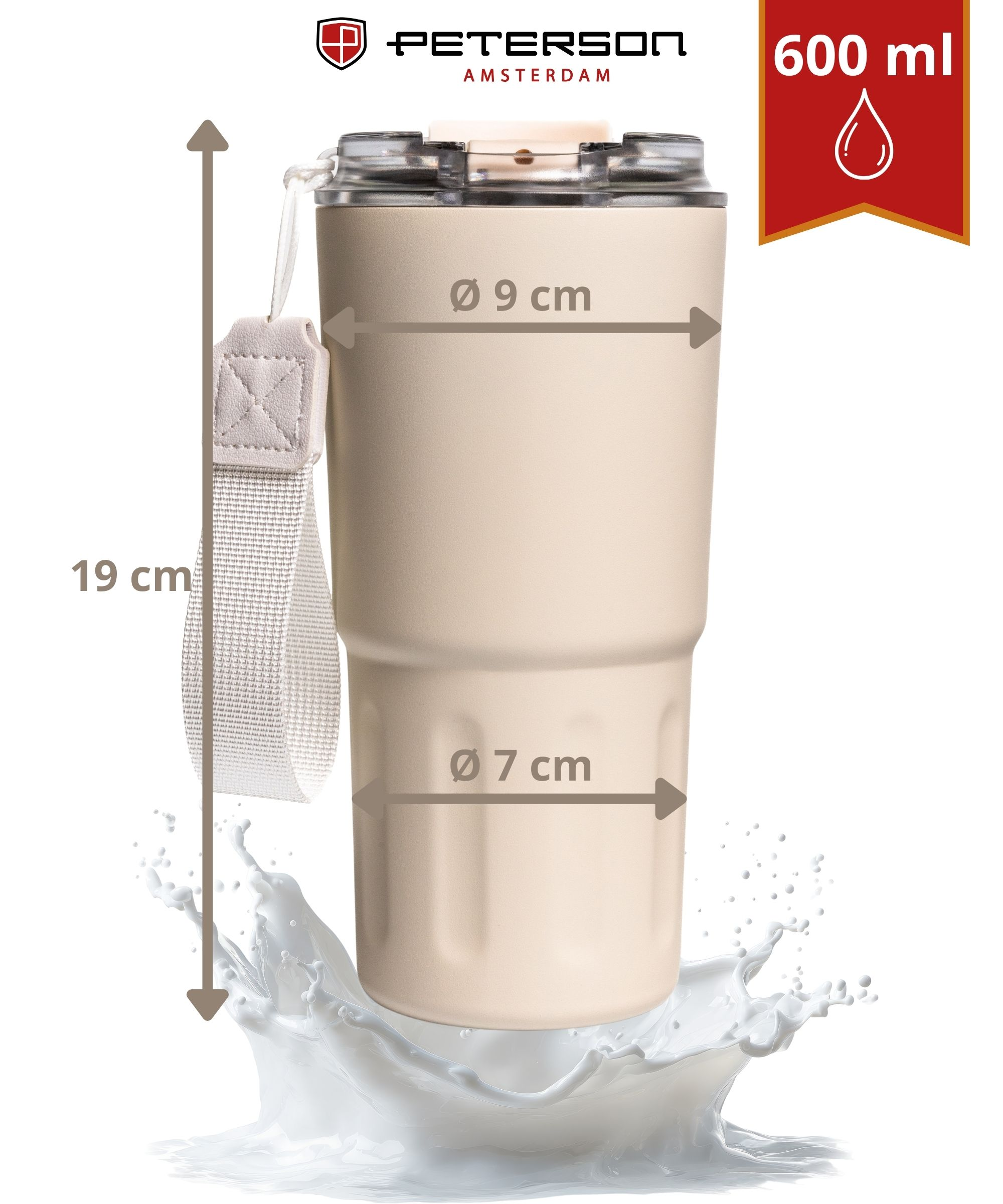 Beżowy kubek 600ml z paskiem, 19cm wysoki, średnica góry 9cm, dołu 7cm.