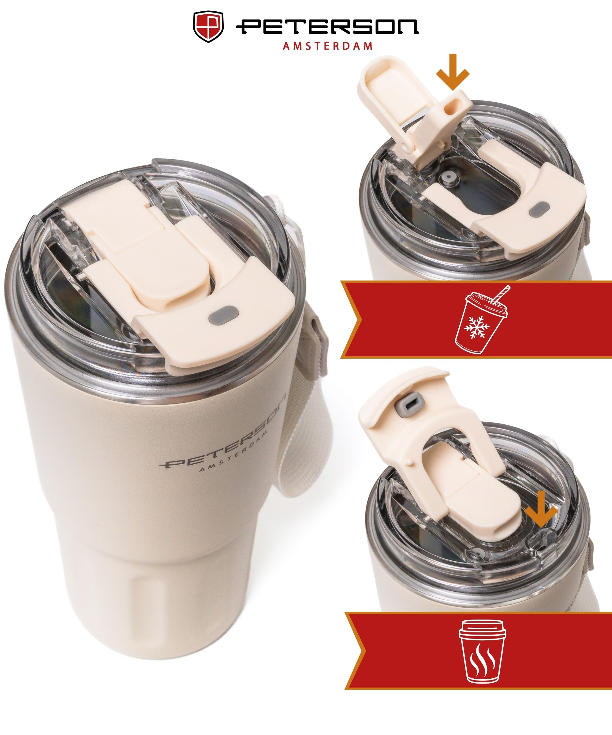 Beżowy kubek z otwartą pokrywką, zbliżenie mechanizmu do picia.