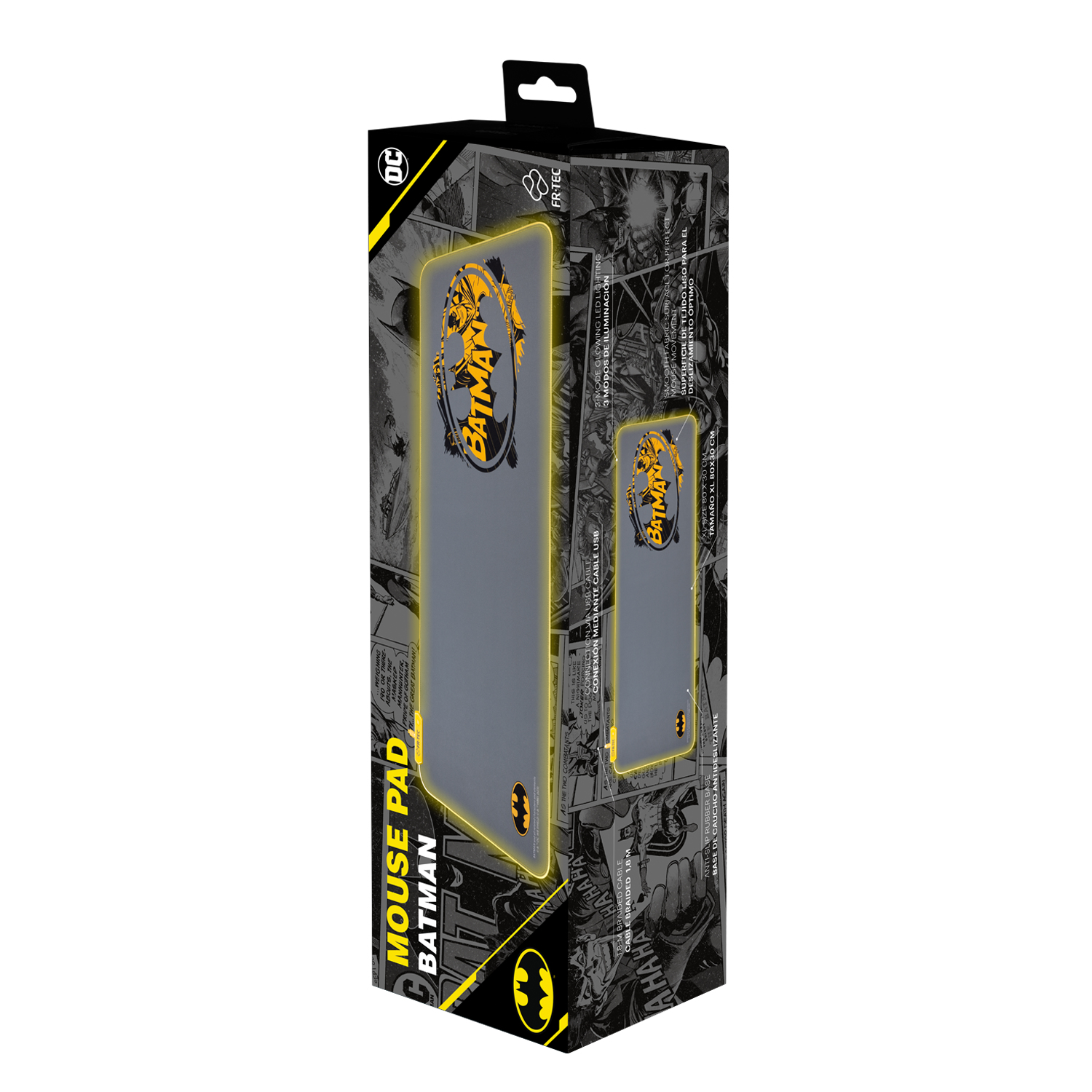 Alfombrilla de ratón gris de Batman con borde LED amarillo y logo.