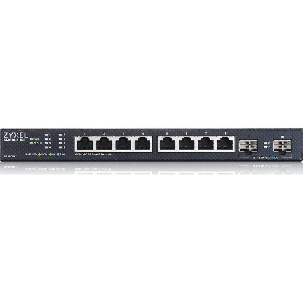 Switch sieciowy Zyxel z 8 portami RJ45 i 2 portami SFP+.
